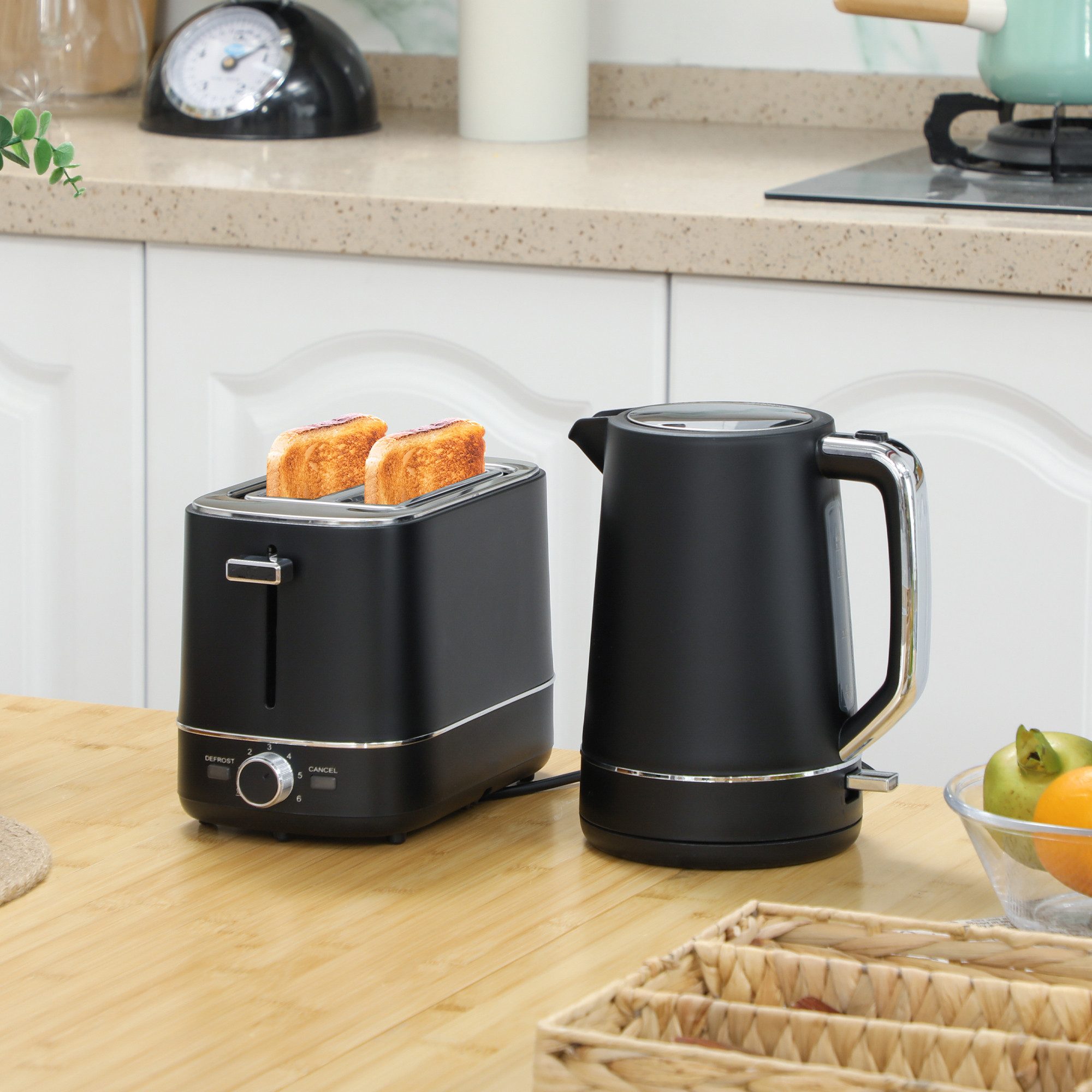 HOMCOM Toaster Frühstück-Set, Thermostat, 1,7L, Aufwärmen & Auftauen, Kalkfilter, 2 Schlitze, für 2 Scheiben, 2200 W, Wasserkocher und Toaster mit 6 Bräunungsstufen, Stahl, Schwarz