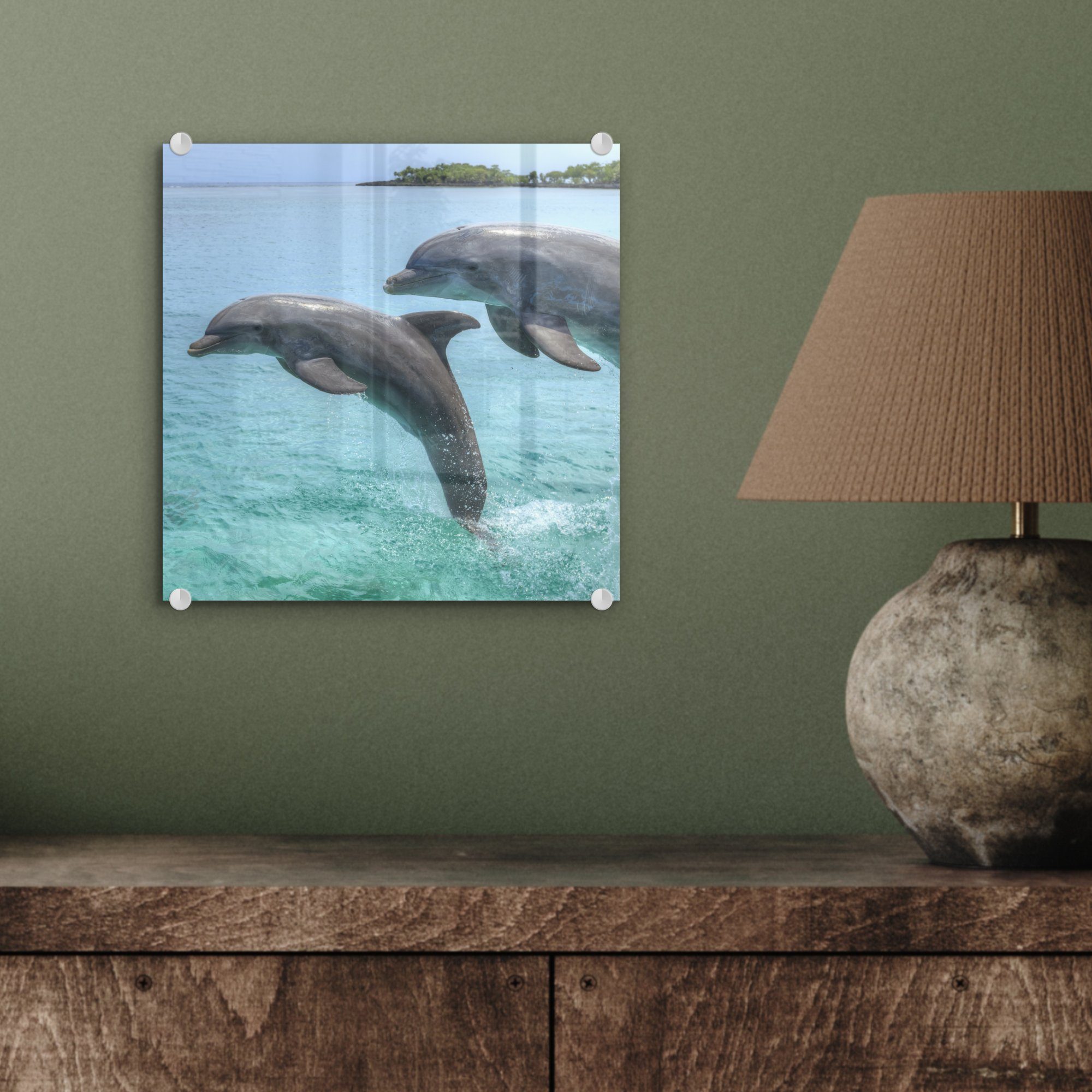 - Delfine (1 auf Foto - auf Bay Glas vor MuchoWow den St), Wanddekoration Glas Wandbild - Glasbilder Islands, Acrylglasbild Bilder