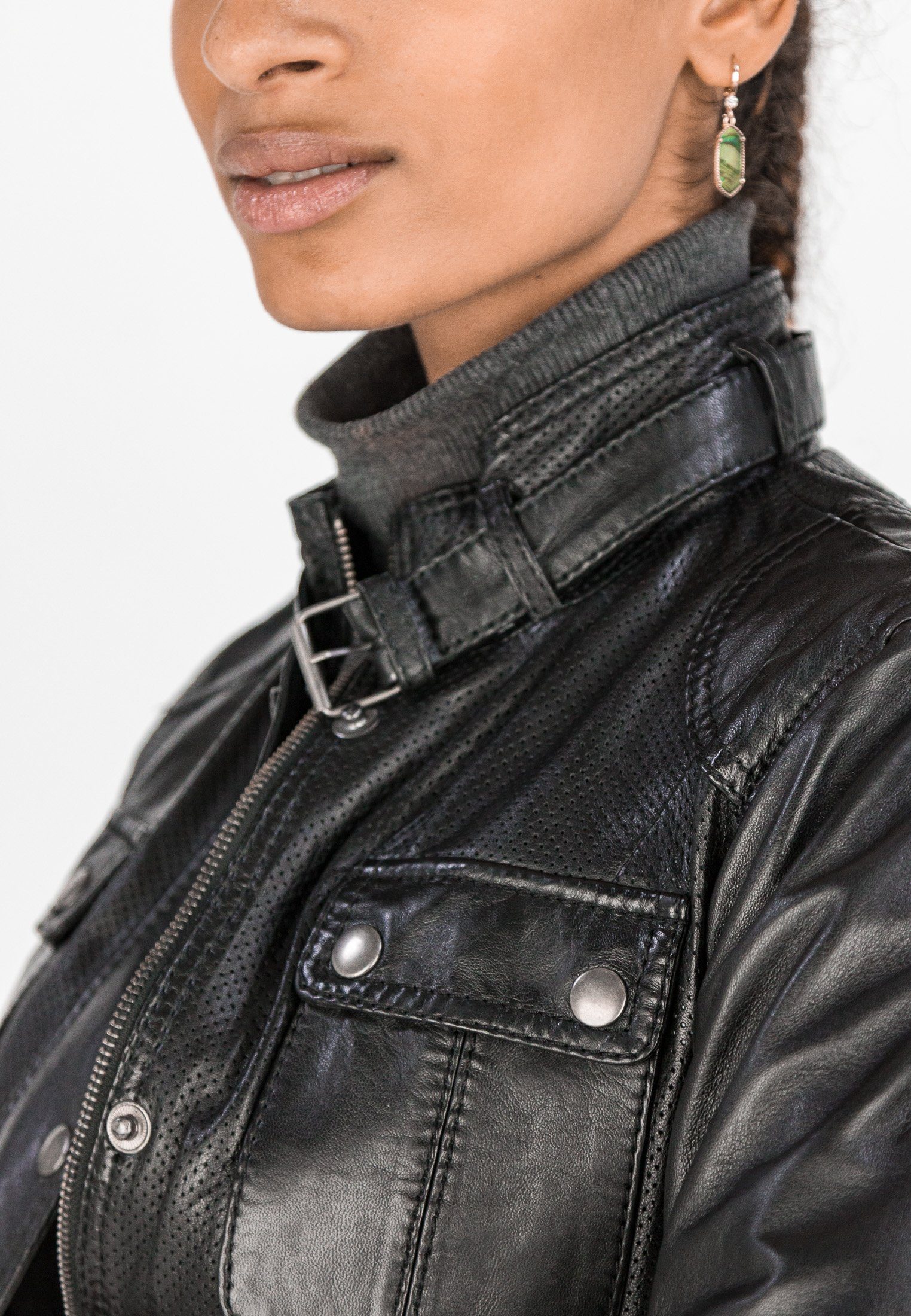 Lederjacke mit Black Schwarz since1986 COCO modernen Style Label Stehkragen Biker DARIA im