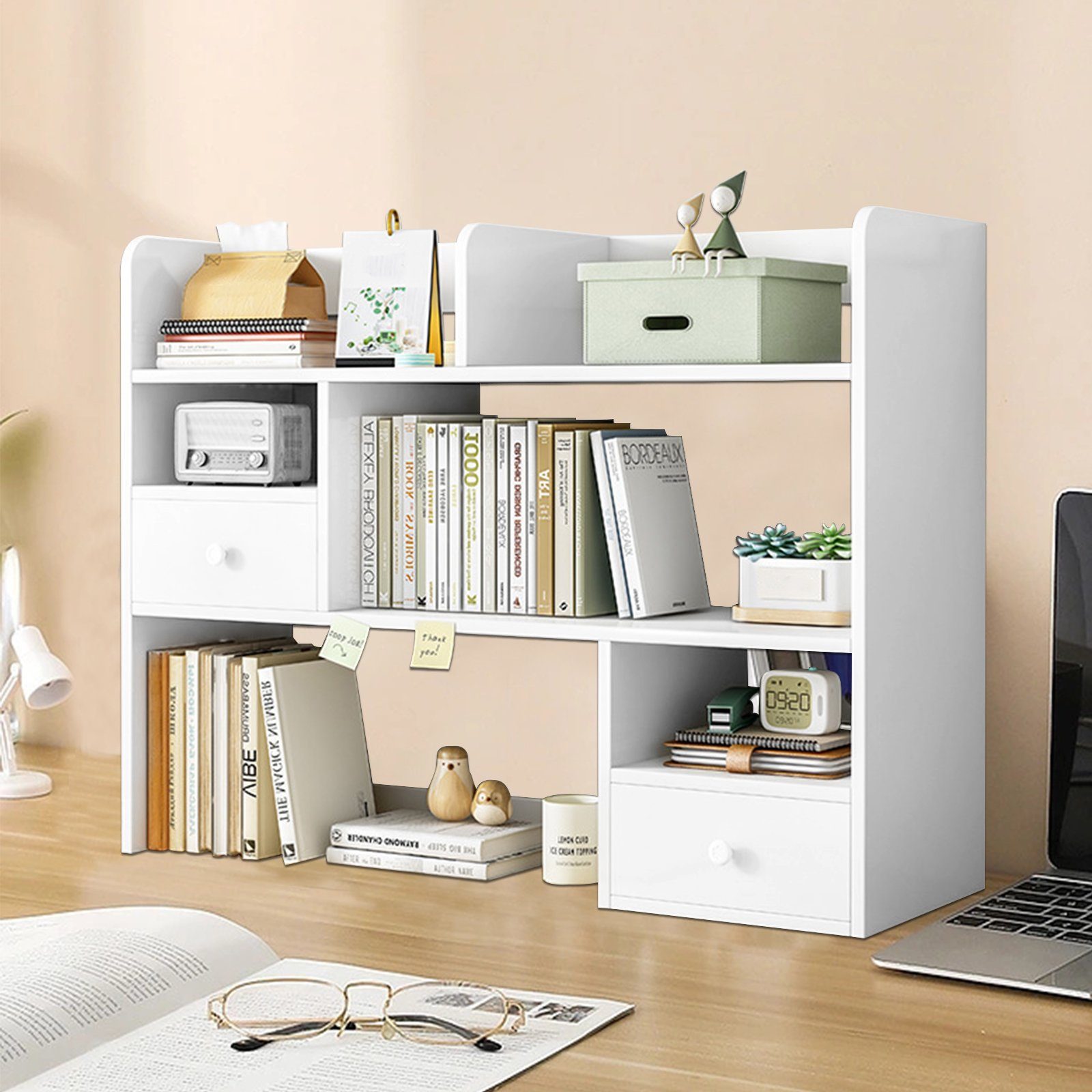 TWSOUL Bücherregal einfaches Desktop-Bücherregal, 92×15×78cm, Mit Schublade, wasserdicht und feuerfest