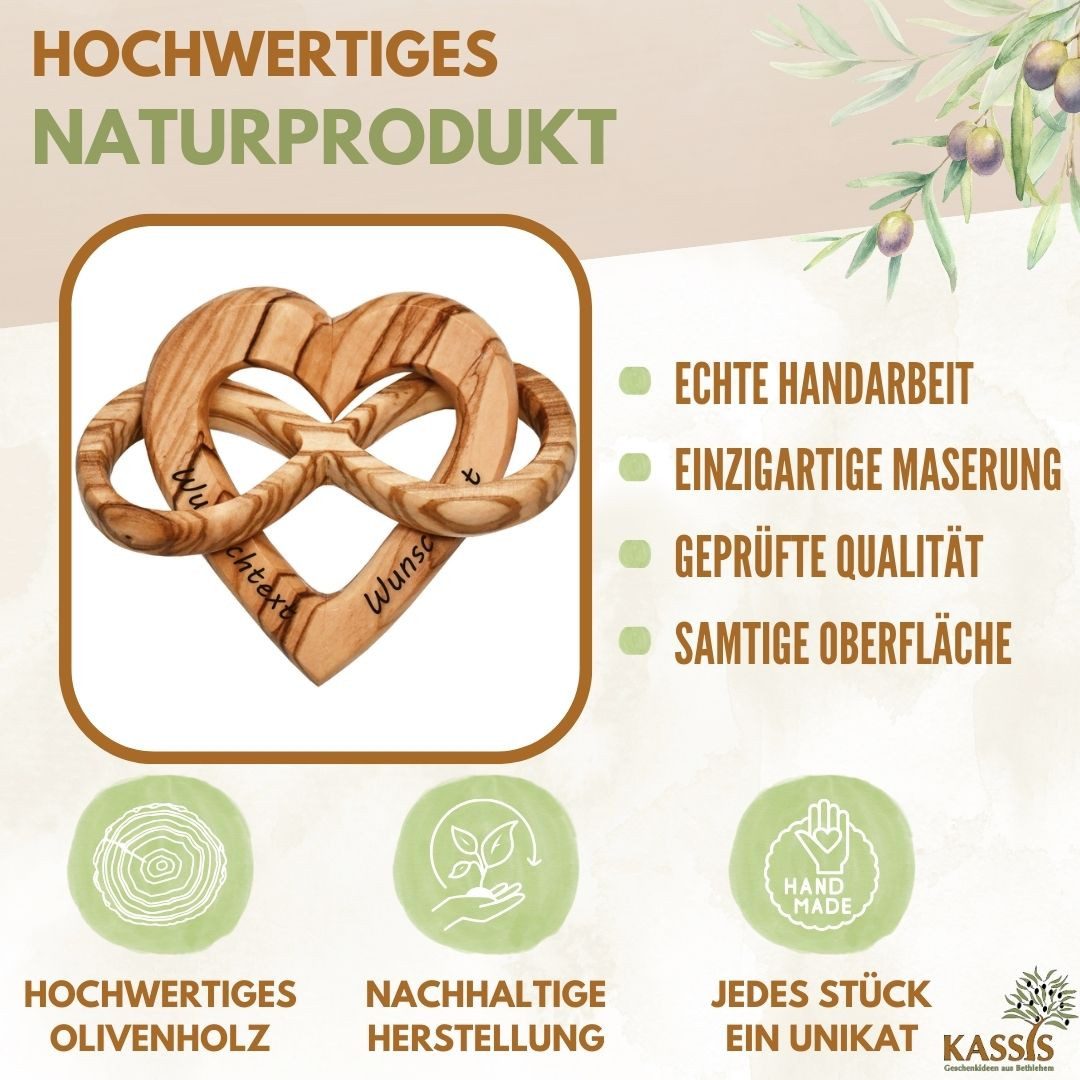 Kassis Geschenkartikel Dekoobjekt Olivenholz Herz mit Unendlichkeitssymbol 7,50 cm Geschenk, Hergestellt in Bethlehem, zu Verlobung Hochzeit Valentinstag Jubiläum