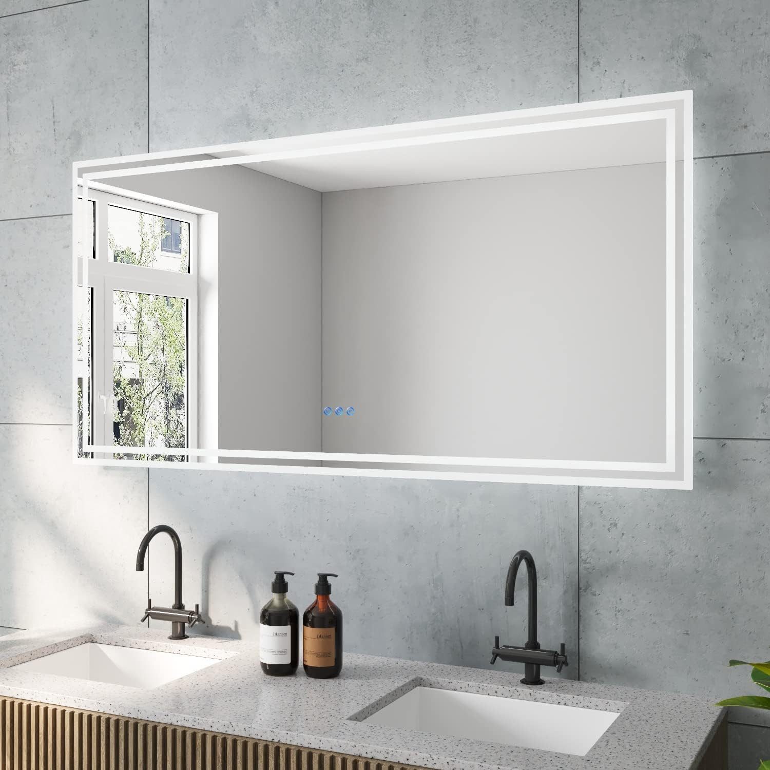 AQUALAVOS Badspiegel LED Badspiegel 140x70 cm Großer Badezimmer Wandspiegel mit Beleuchtung, 6400K Kaltweiß & Warmweiß 3000K, Energiesparend, Touchschalter