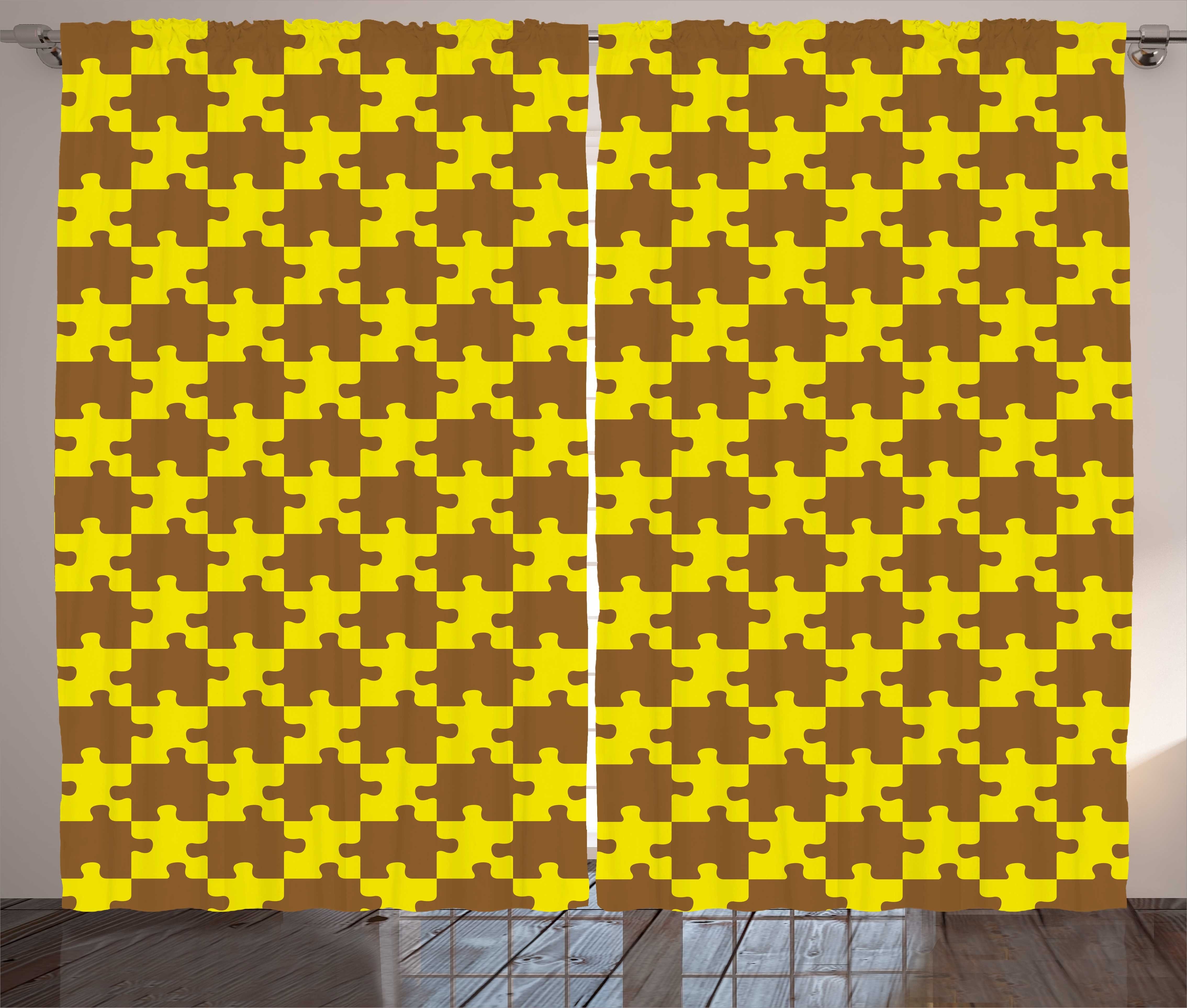 Gardine Schlafzimmer Kräuselband Vorhang mit Schlaufen und Haken, Abakuhaus, Gelb Braun Bicolor Puzzle Pieces