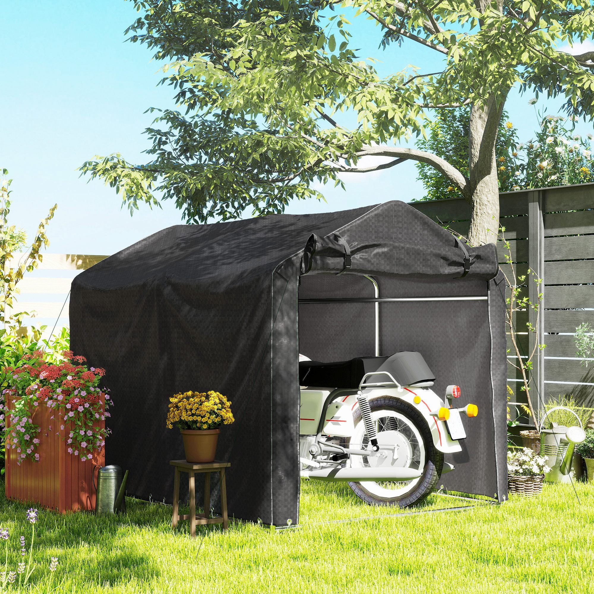 Outsunny Gerätezelt Garagenzelt mit Rolltür, Foliengerätehaus Fahradgarage, Personen: 3 (UV-beständig Fahrradabdeckung, 1 tlg., wasserdicht Zeltgarage), für Terrasse, Garten, 220 x 157 x 165 cm Schwarz
