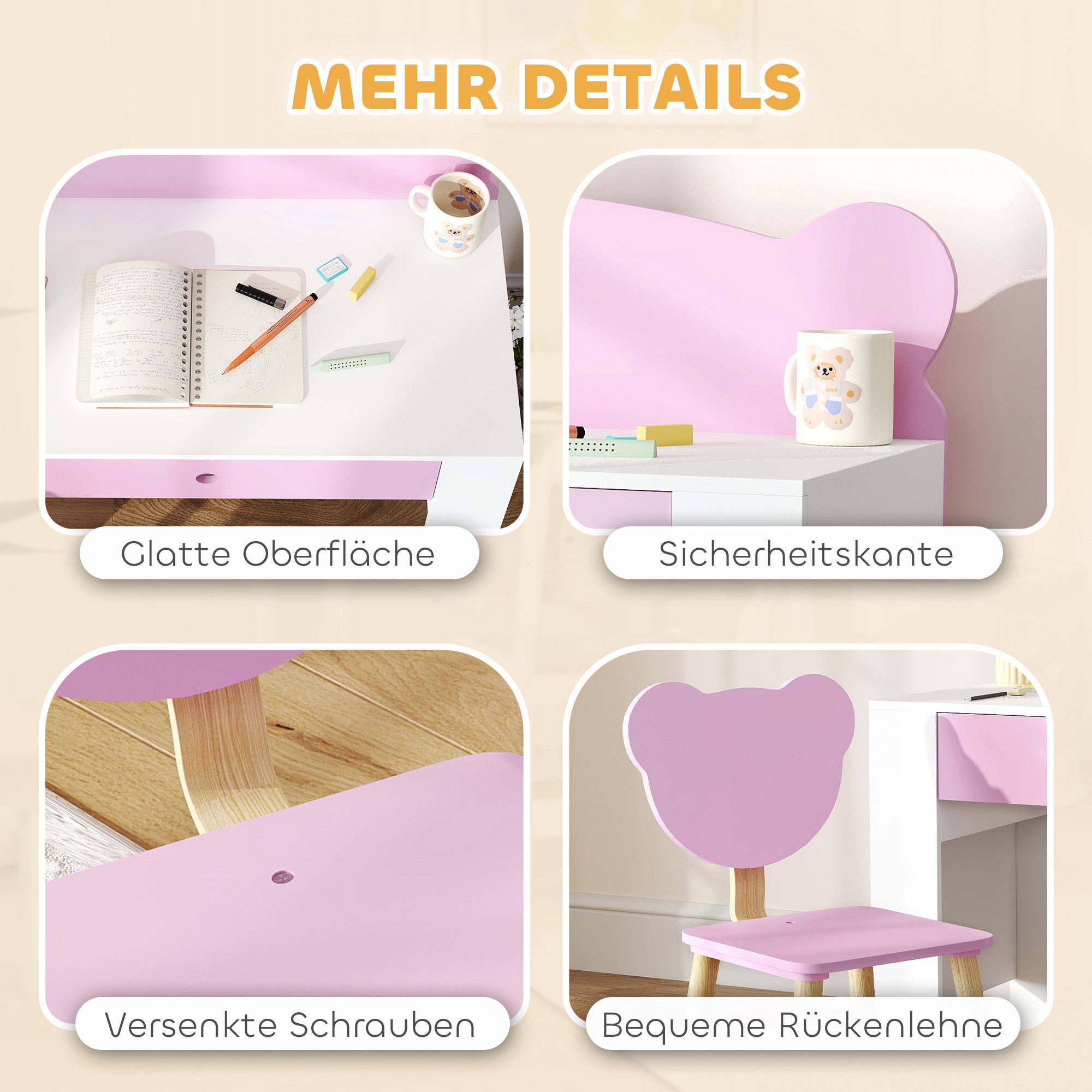 AIYAPLAY Kinderschreibtisch-Set Mit Stuhl & Schublade - Teddybär-Design, Rosa, Für Kinder 3-8 Jahre