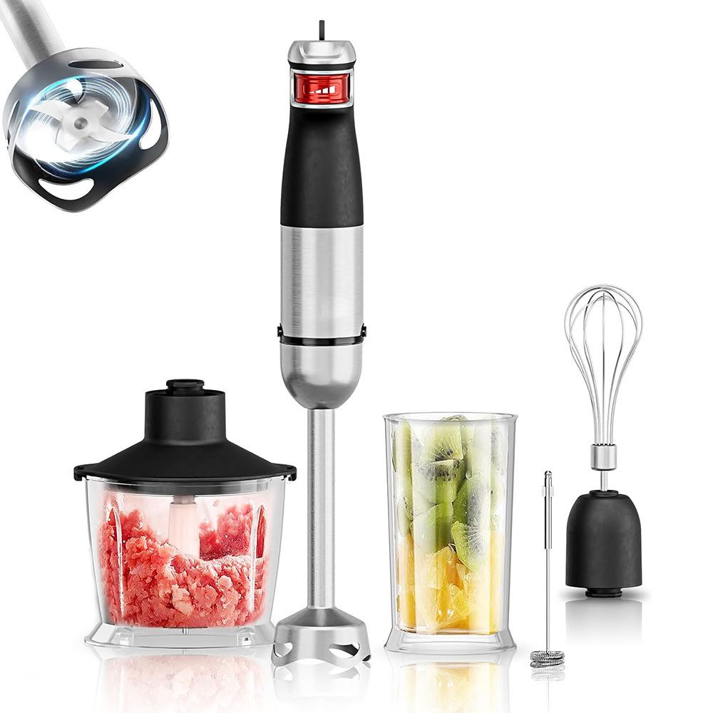 TUWENA Stabmixer Stabmixer 6-in-1 Pürierstab Set, Edelstahl Handheld Blender, 1200 W, Mit 3 Edelstahl -Agitatoren und 2 Rührbehältern