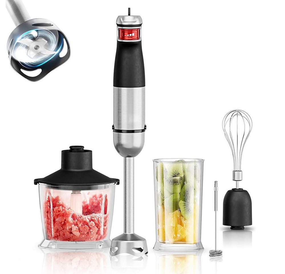 TUWENA Stabmixer Stabmixer 6-in-1 Pürierstab Set, Edelstahl Handheld Blender, 1200 W, Mit 3 Edelstahl -Agitatoren und 2 Rührbehältern