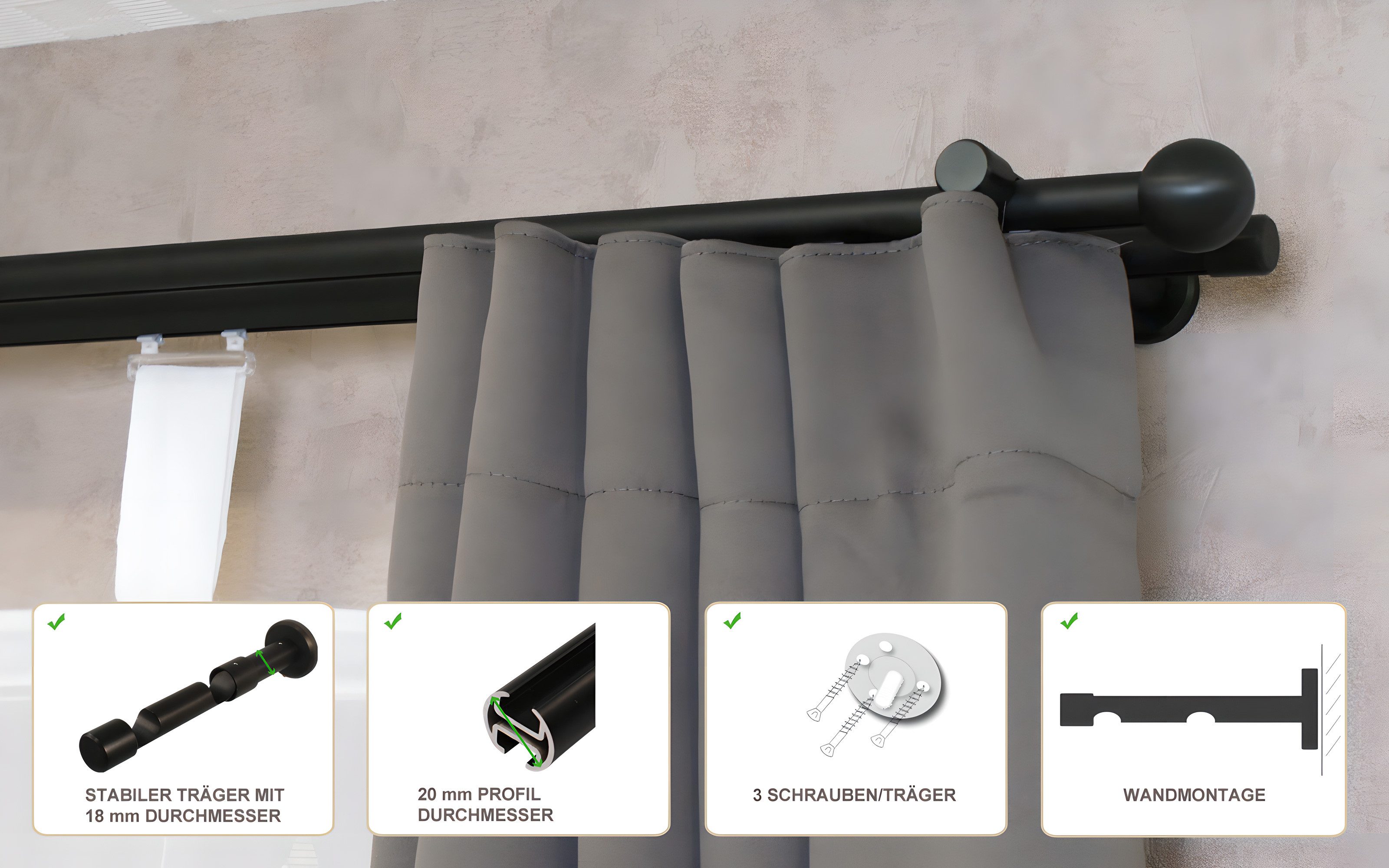 iso-design Gardinenstange Innenlauf 2-läufig schwarz Wandmontage 20 mm Endstück Kugel, Ø 20 mm, 2-läufig, Innenlaufprofil mit Metallsäge kürzbar
