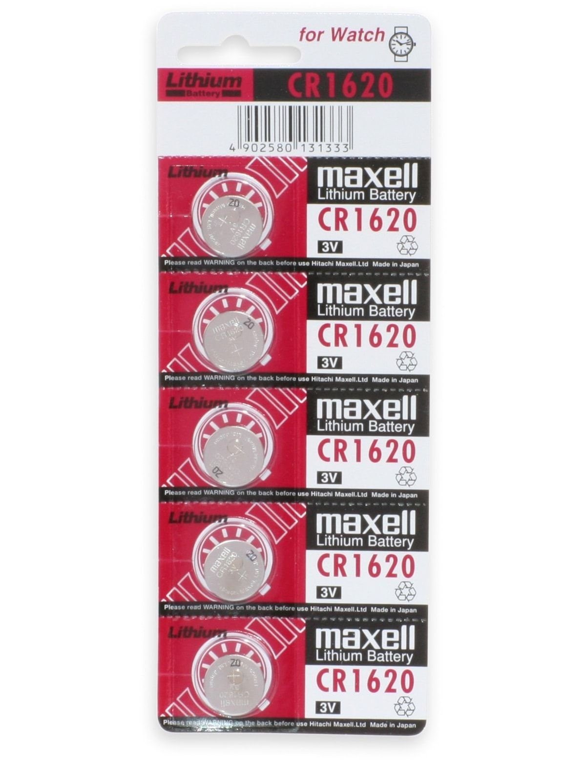 Maxell MAXELL Knopfzelle CR1620, Lithium, 3 V-, 80 mAh, 5 Knopfzelle