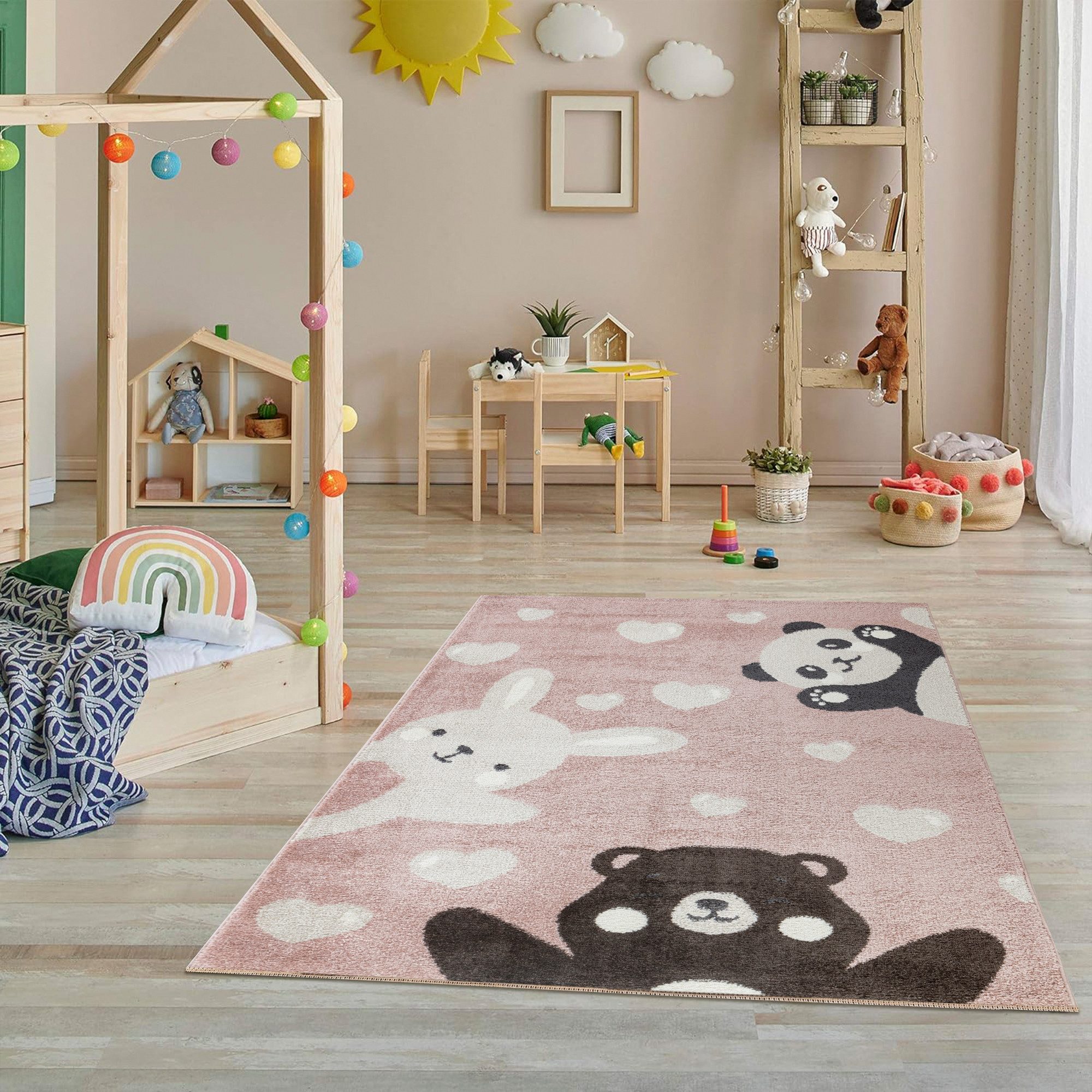 Jimri Kinderteppich Happy Friends Teppich für Kinderzimmer, Kinderteppich Bär Hase Panda, Läufer
