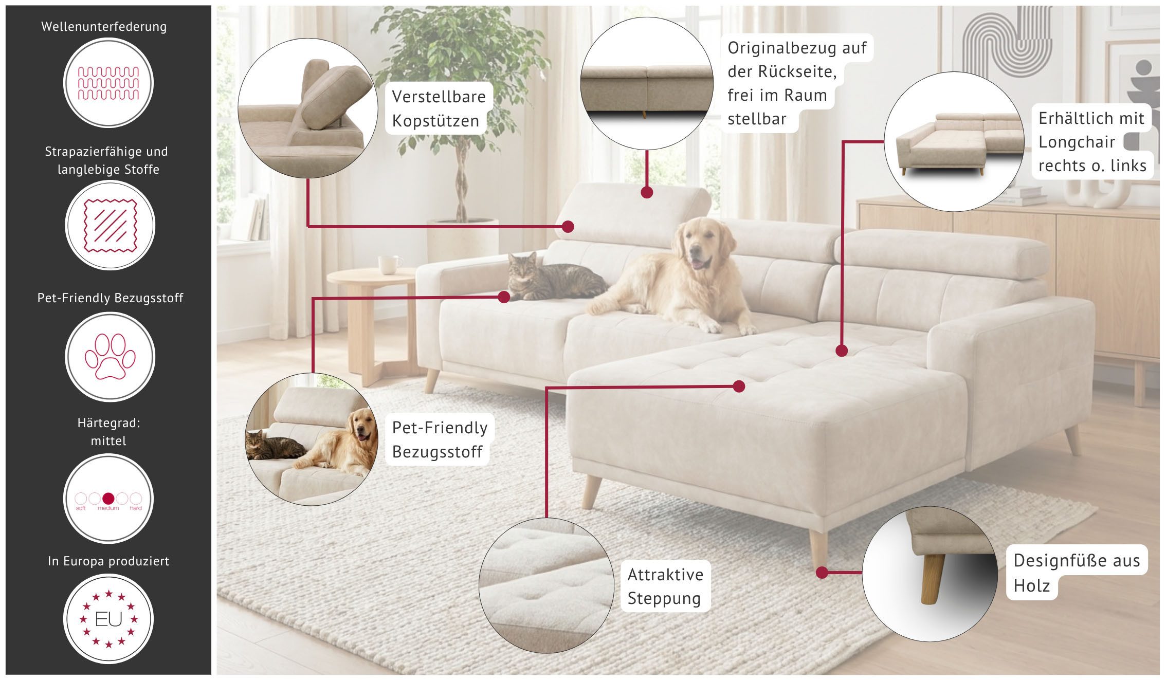 OTTO home Ecksofa Greevy 248 x 172 cm mit Steppungen, für gängige Saugroboter geeignet, Kopfteile verstellbar, L-Form, aus Pet Friendly Bezug – Bild 3 von 5