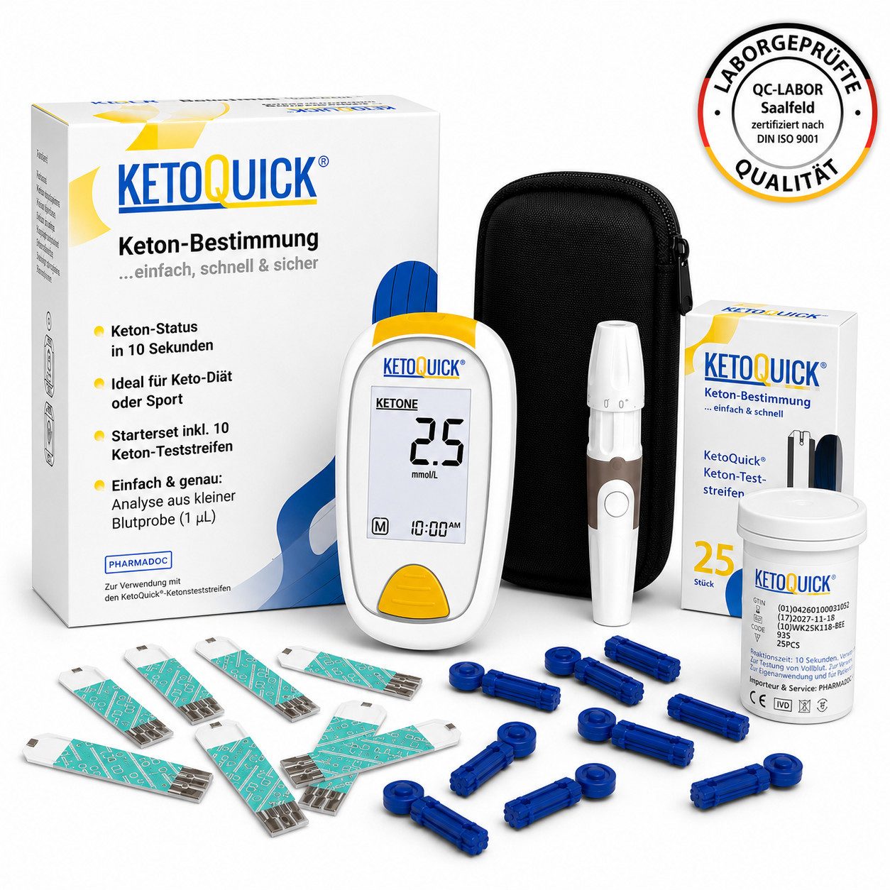 KetoQuick Keton-Messgerät Starterset mit 10 Teststreifen, Kombiset, Ideal für Keto-Ernährung, Fitness, Low Carb