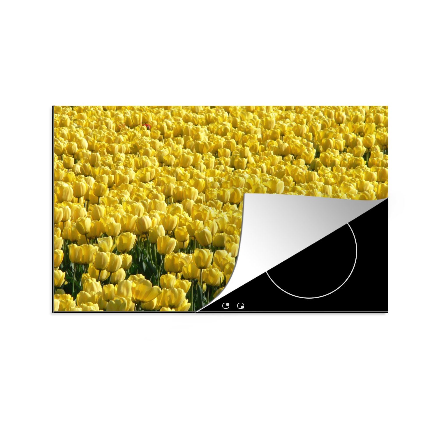MuchoWow Herdblende-/Abdeckplatte Eine rote Tulpe in einem Feld voller gelber Tulpen, Vinyl, (1 tlg), 81x52 cm, Induktionskochfeld Schutz für die küche, Ceranfeldabdeckung