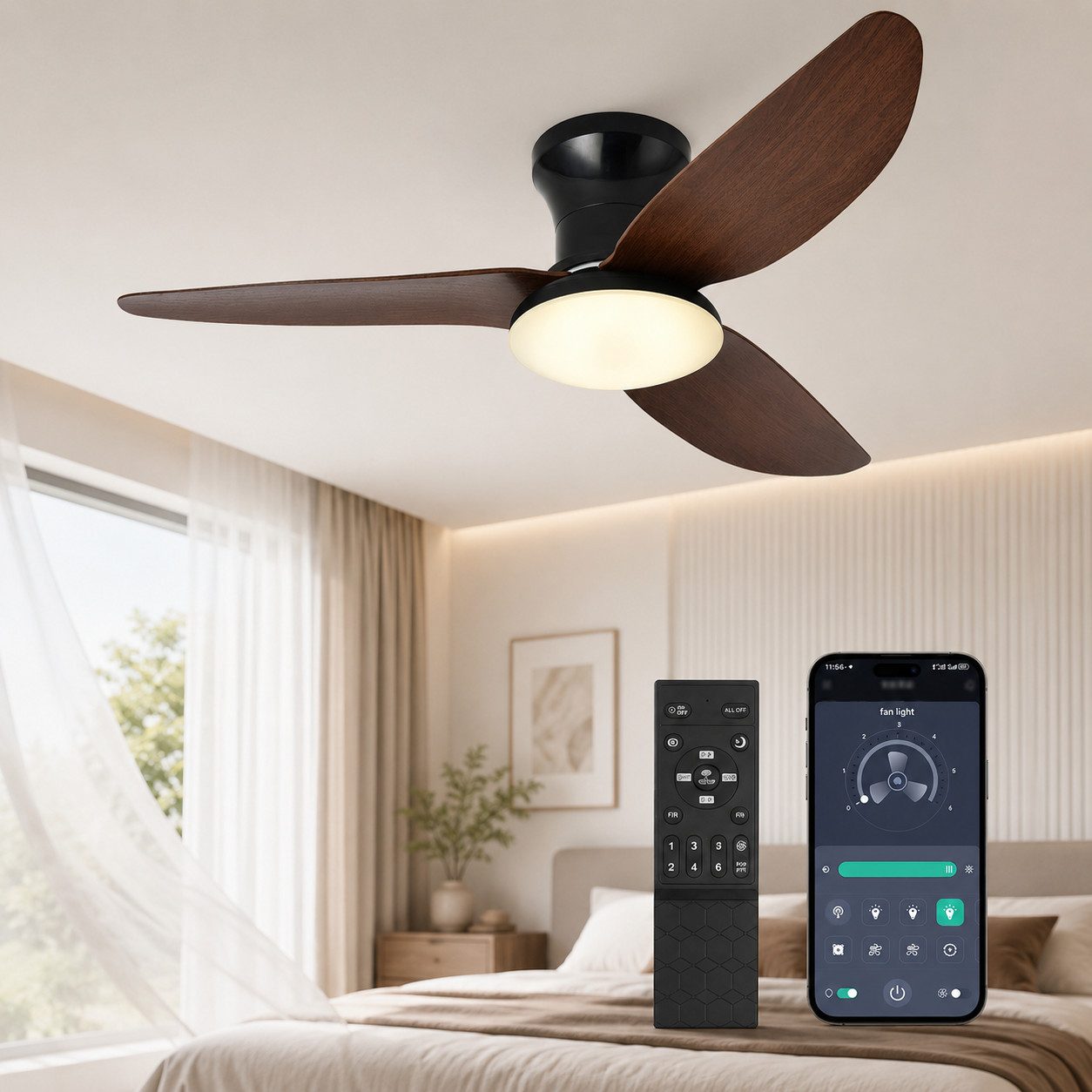 Jibenhome Deckenventilator mit Beleuchtung, Deckenleuchte mit ventilator 6 Stufen, Leiser, 100 CM, Dimmbar 3 Farbtemperatur, Timer, Deckenlampe Ventilator