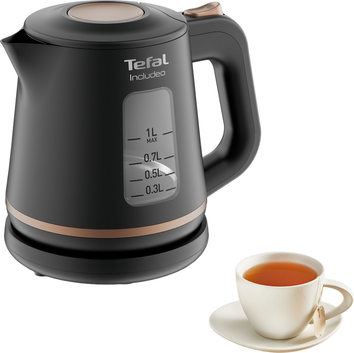 Tefal Wasserkocher KI5338 Includeo, 1 l, 2400 W, Anti-Rutsch-Griff, Wasserstandsanzeige, herausnehmbarer Filter