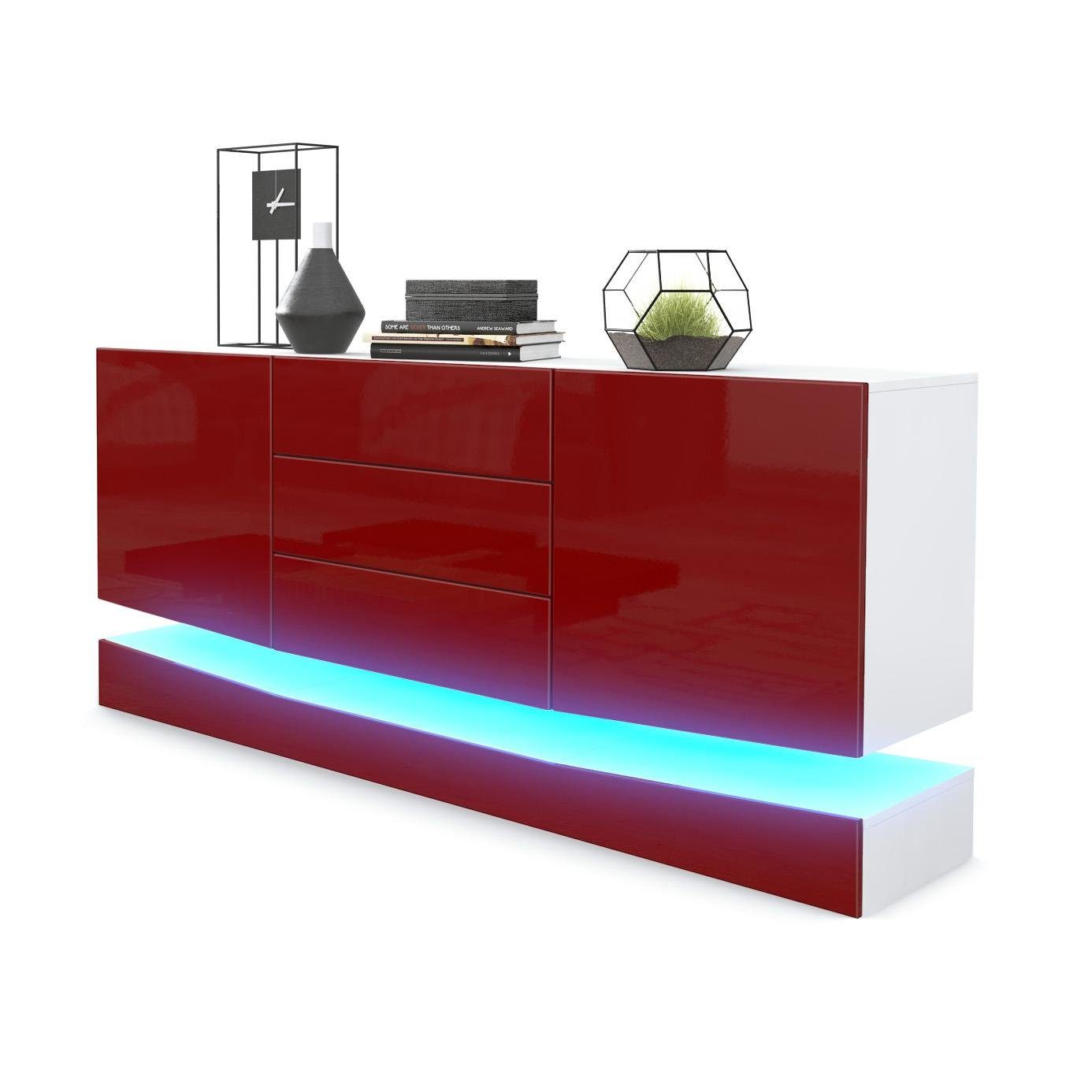 Vladon Sideboard City (Kommode mit 2 Türen, und 3 Schubladen inkl. LED-Beleuchtung), Weiß matt/Bordeaux Hochglanz (178 x 72 x 38 cm)