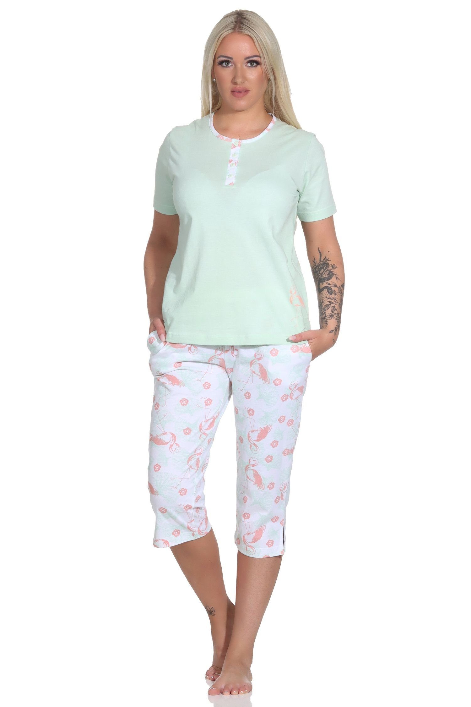 Capri kurzarm Pyjama Schlafanzug Motiv Flamingo Pyjama Damen Normann mit grün