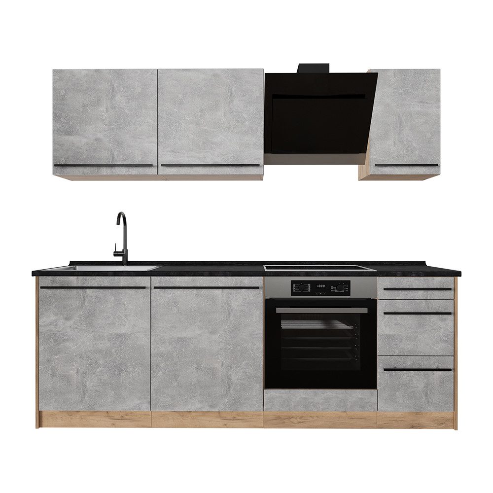 Vicco Küchenzeile R-Line, Beton/Goldkraft Eiche, 220 cm ohne Arbeitsplatte