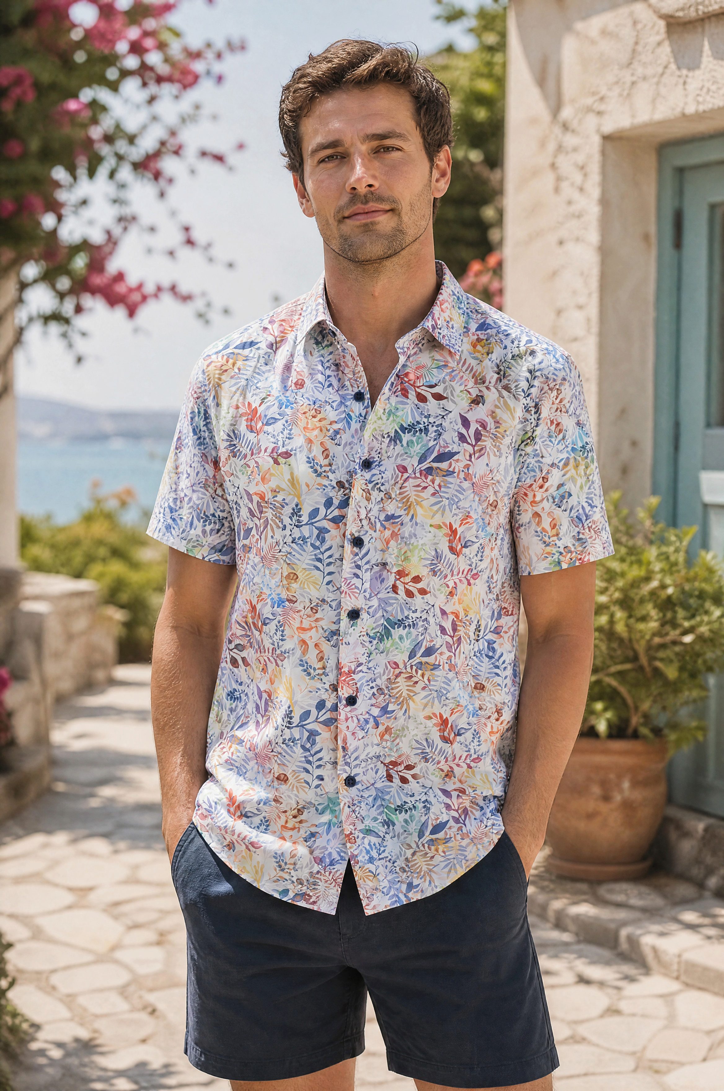 Kurzarmhemd Modern Fit Herrenhemd Kurzarm Popelin ideal Sommer Pflanzenmuster