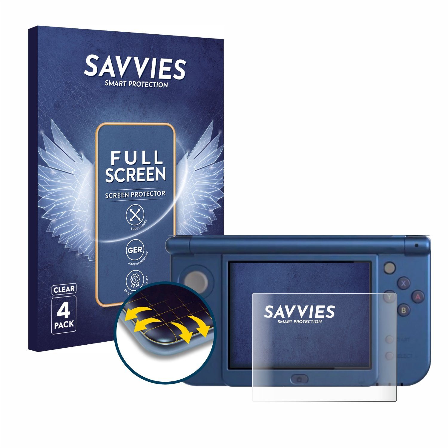 Savvies Full-Cover Schutzfolie für Nintendo New 3DS XL (Unteres Display), Displayschutzfolie, 4 Stück, 3D Curved klar