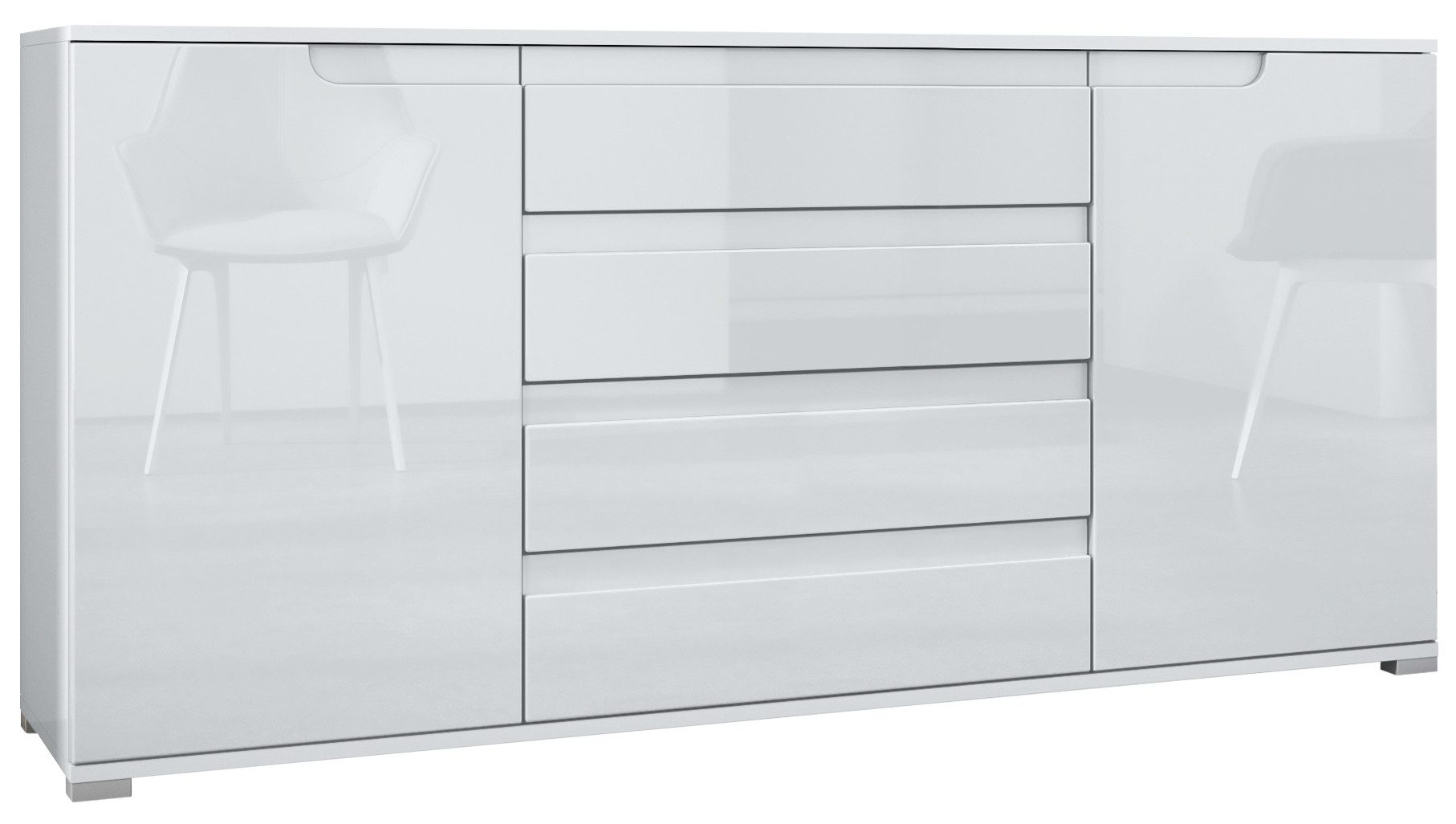 Vladon Sideboard Sylt V2 (Kommode mit 2 Türen und 4 Schubladen, Korpus - Weiß matt / Front - Weiß Hochglanz), Absetzung - Weiß Hochglanz (166,5 x 75,5 x 35 cm)
