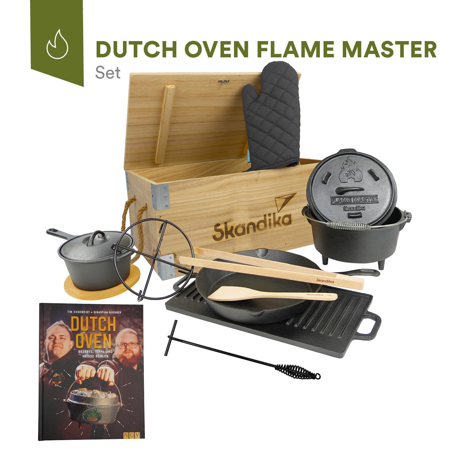 inkl. Skandika Holzkiste, in Rezeptbuch Set Oven Sauerländer Grilltopf Dutch 11-teilig, Flame Master BBCrew der