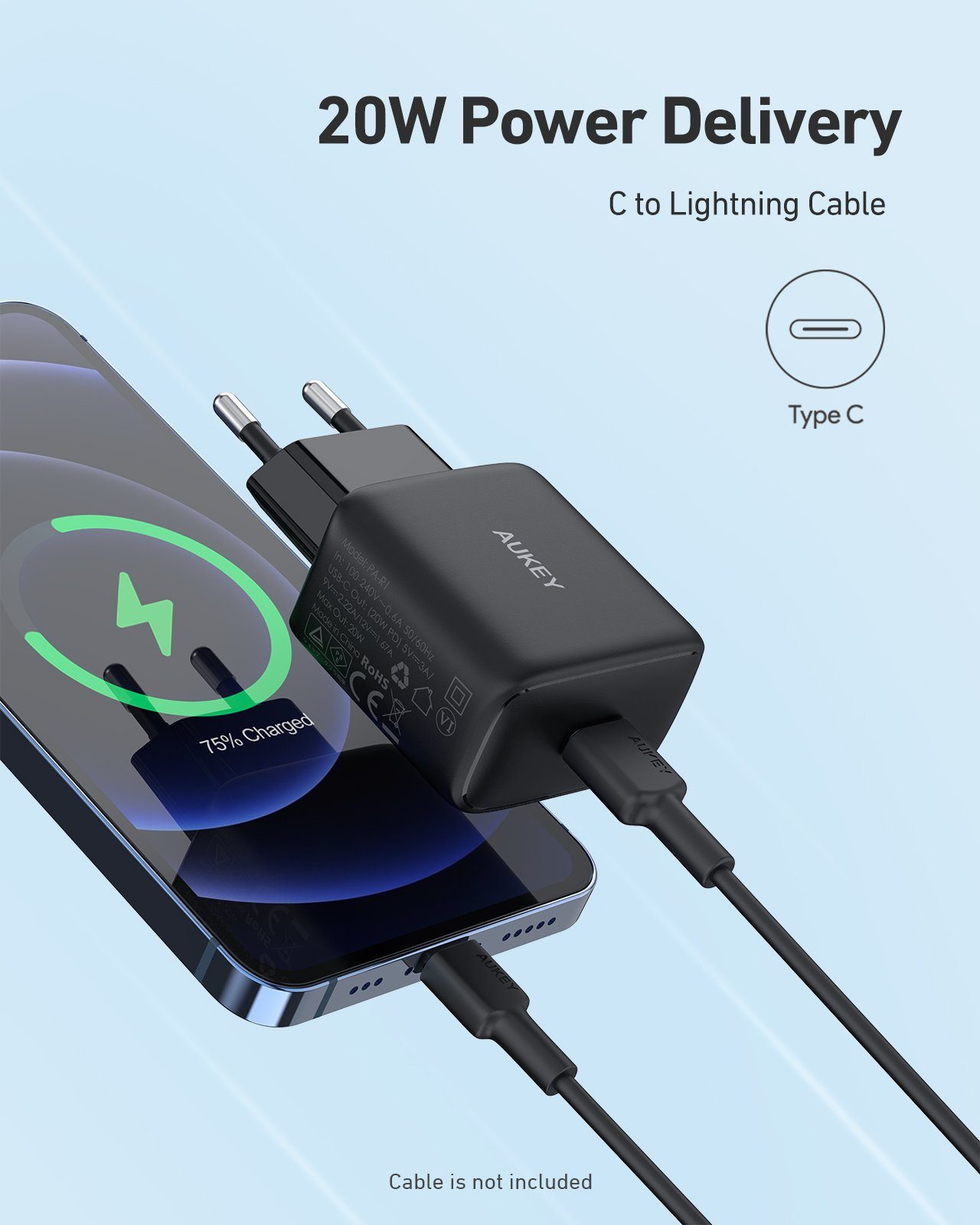 AUKEY PA-R1 USB-Ladegerät (Ladegerät MINI USB C 20 W, schwarze Farbe)