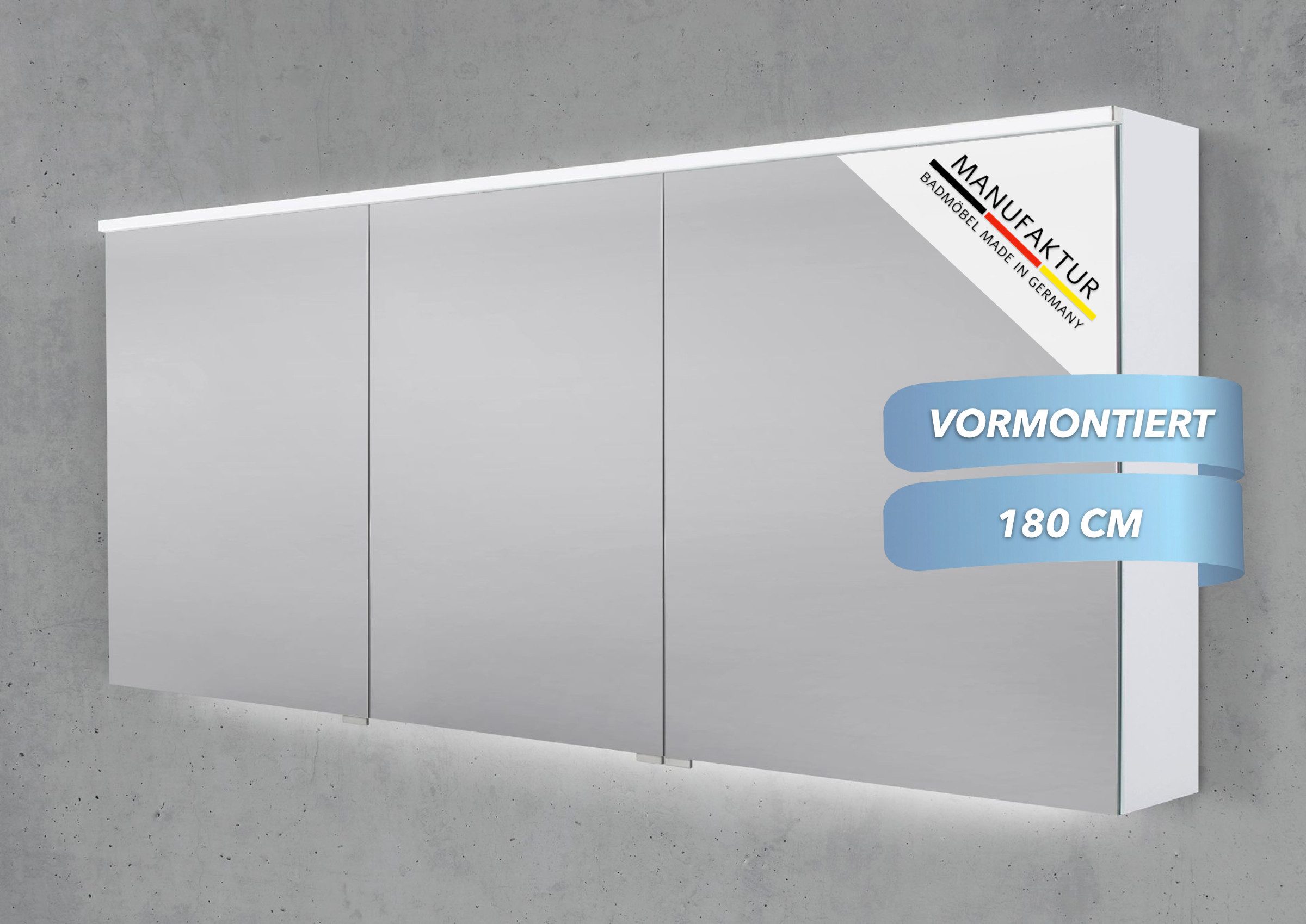 Intarbad Badezimmerspiegelschrank 3-türiger Spiegelschrank mit MULTI LED Beleuchtung, stufenlos dimmbar (Doppelspiegeltüren, Holz-/ Lackdekore, Maße von 90 bis 180 cm wählbar, Höhe 71,8 cm, Glasfachböden, Magnetleiste & Kosmetikspiegel Ø 12 cm) Vormontierte Lieferung, Floatglas, 160 kg Traglast, Made in Germany