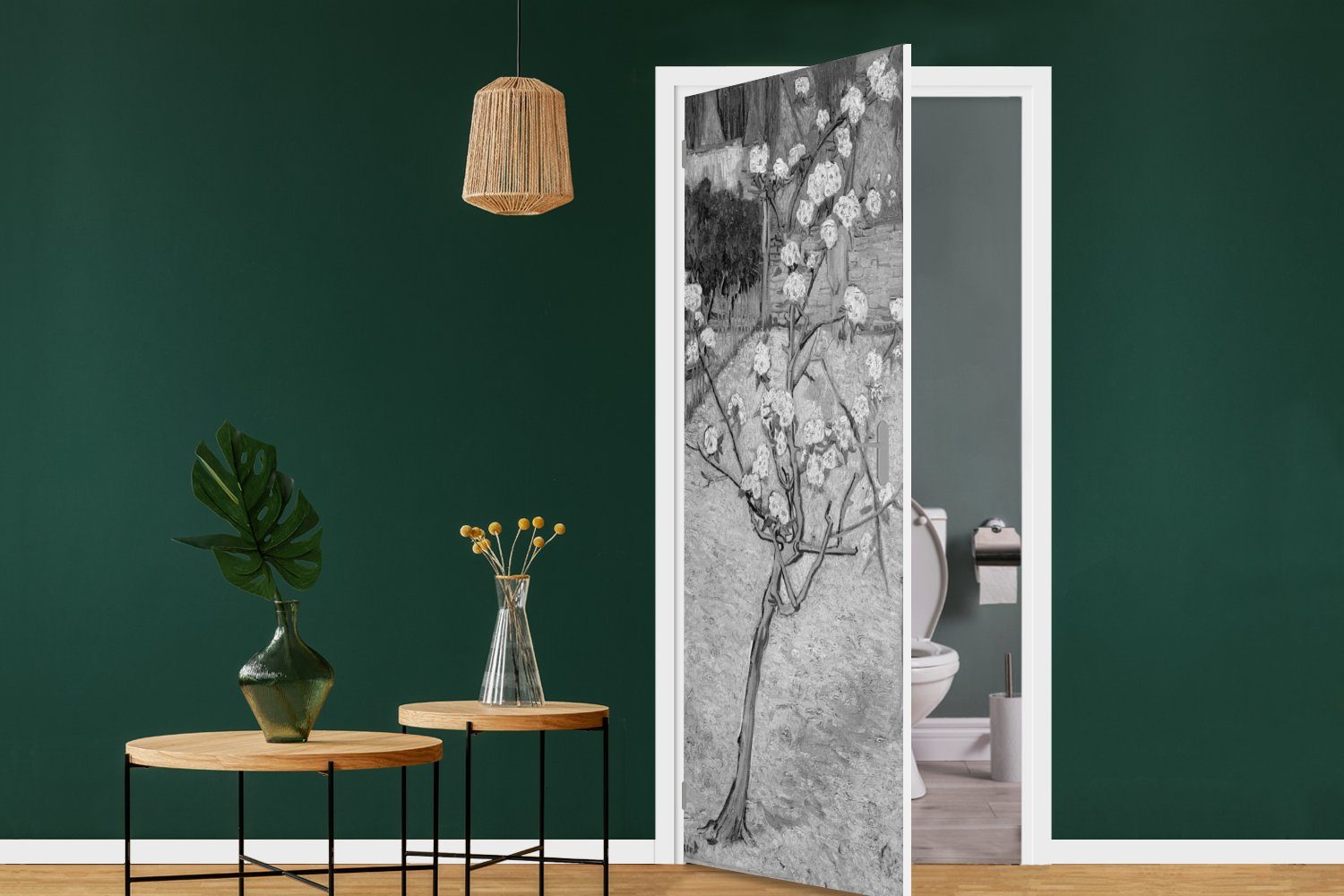 St), (1 Tür, van Türtapete Gogh bedruckt, cm - - Vincent für MuchoWow weiß, Schwarz 75x205 Türaufkleber, in Blüte und Birnbaum Matt, Fototapete