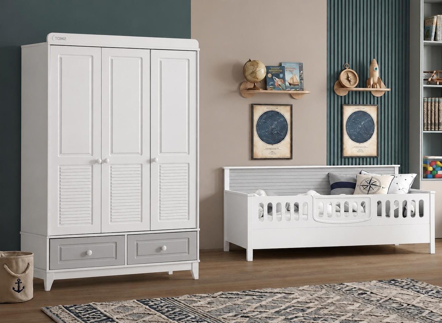 Xlmoebel Kinderkleiderschrank Moderner Kinderkleiderschrank in Weiß mit praktischem Stauraum (Moderner Kinderkleiderschrank, 3 Türen, 2 Schubladen) Made in Europa