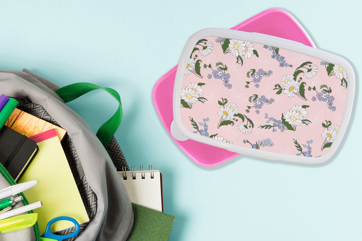 Kunststoff, Kinder, Brotbox - Blumen Erwachsene, Kinder, (2-tlg), MuchoWow Mädchen Kinder Vergissmeinnicht rosa - Mädchen, - Snackbox, für Kunststoff Lunchbox - - Muster Brotdose