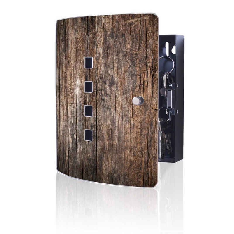 banjado Schlüsselkasten Edelstahl Altes Holz (verstellbarer Magnetverschluss, mit 10 Haken), 24 x 21,5 x 7 cm