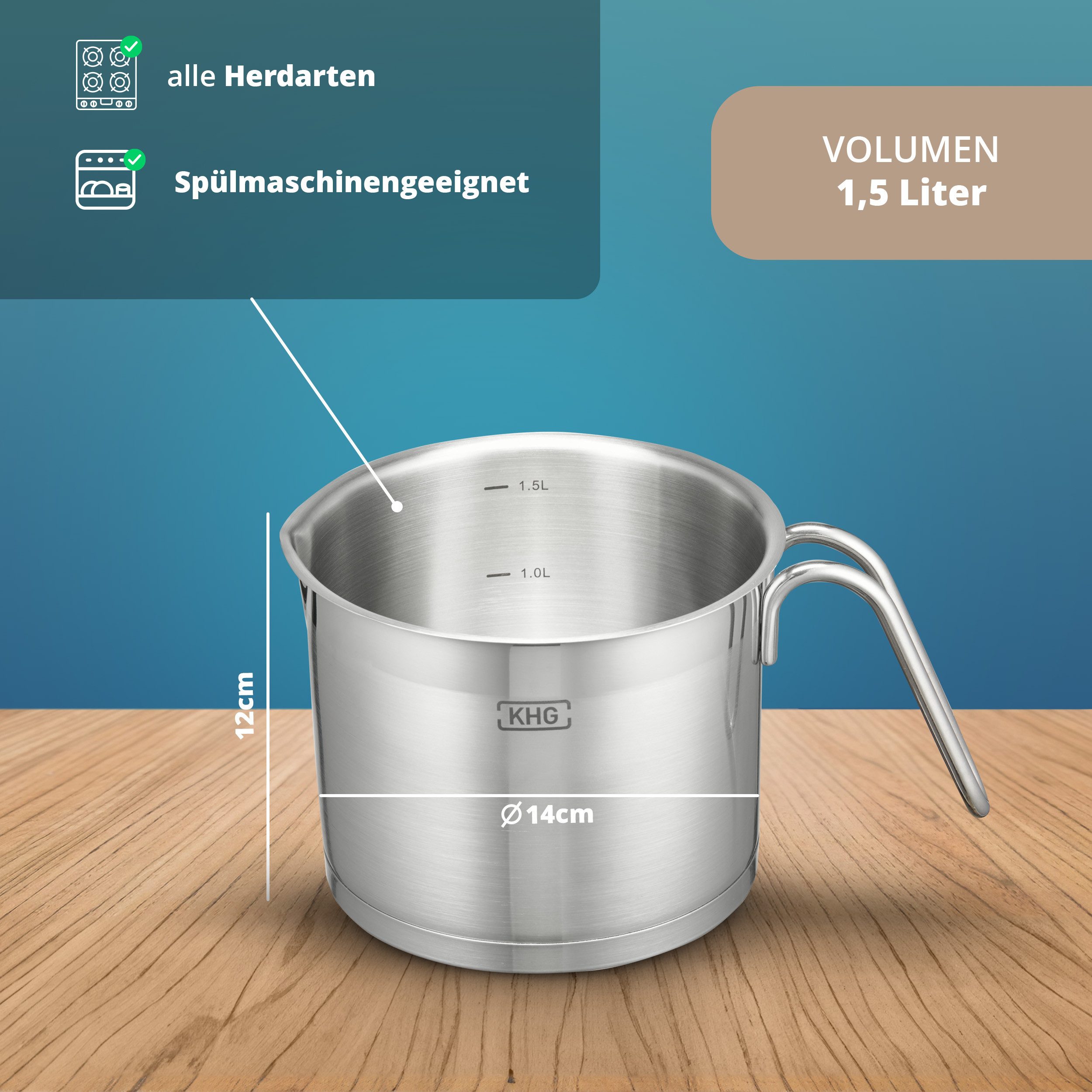 KHG Kochtopf Milchtopf 14 cm Durchmesser, inkl. Ausguss, Edelstahl, 1,5 Liter Volumen, Innenskala, für alle Herdarten inklusive Induktion