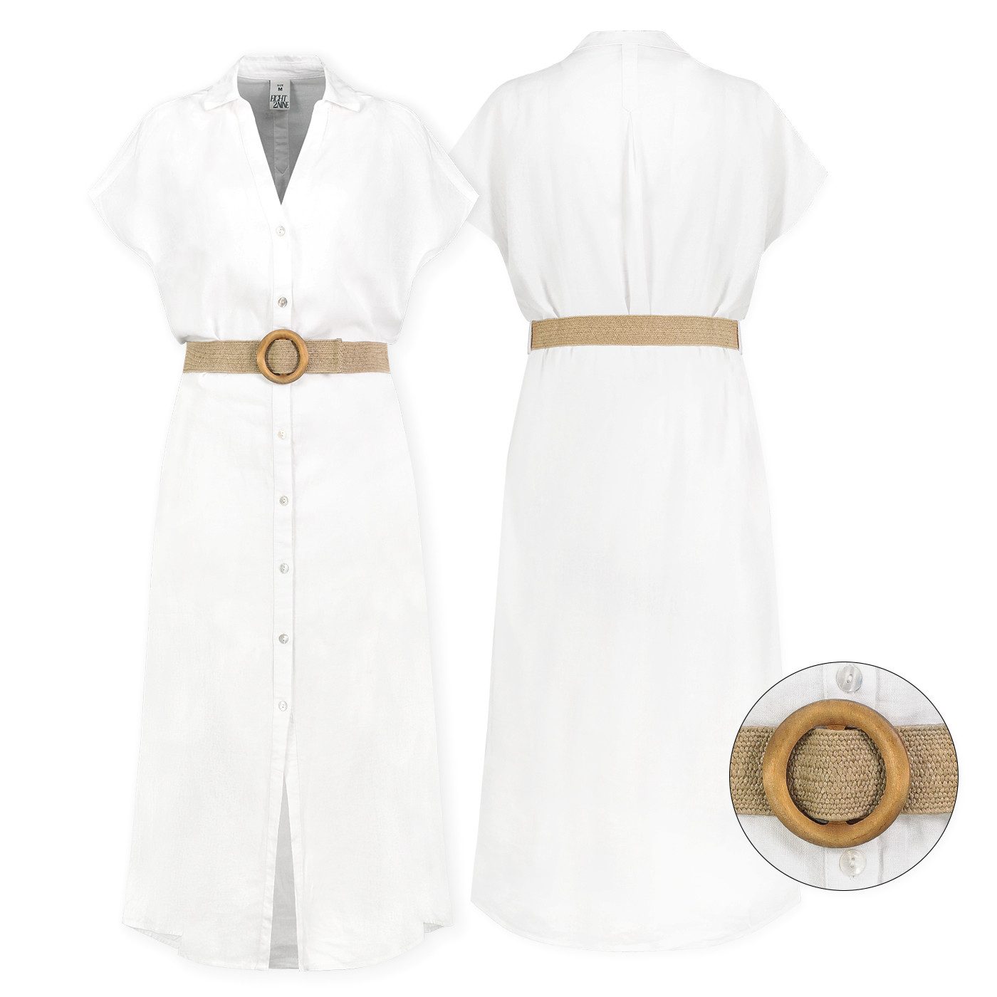 Eight2Nine Sommerkleid Leinenkleid Damen atmungsaktiv V-Ausschnitt Hemdblusen Kleid Sommer