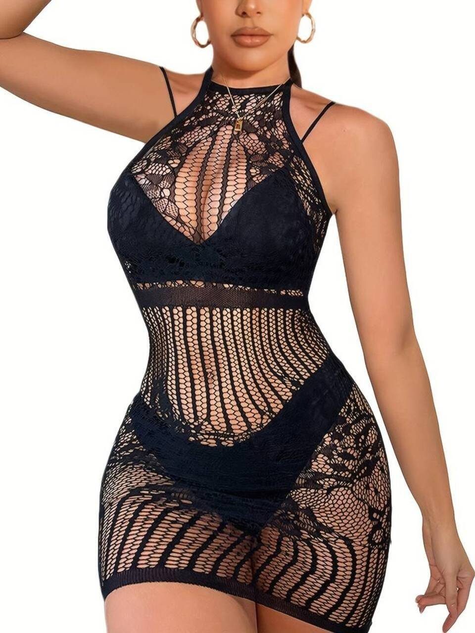 Netzkleid Damen Fischnetz Body Kleid Neckholder Ärmellos Rückenfrei Sexy Pyjama