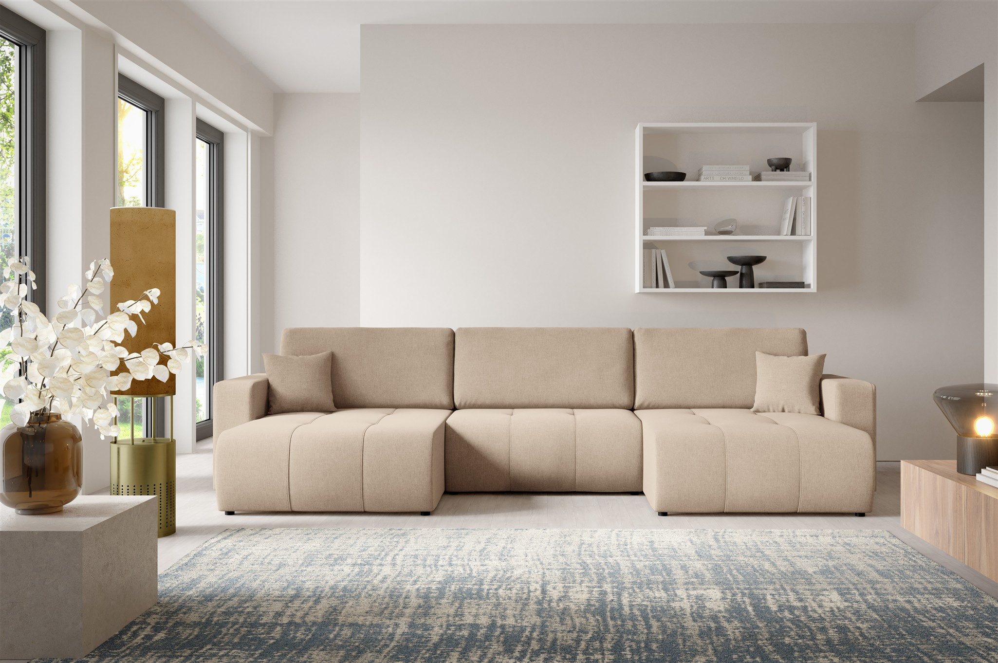 Fun Möbel Wohnlandschaft Sofa mit Schlaffunktion AUGUSTO in Stoff Wind, inkl. Bettkasten, Inkl. 3 Rücken- und 2 Zierkissen