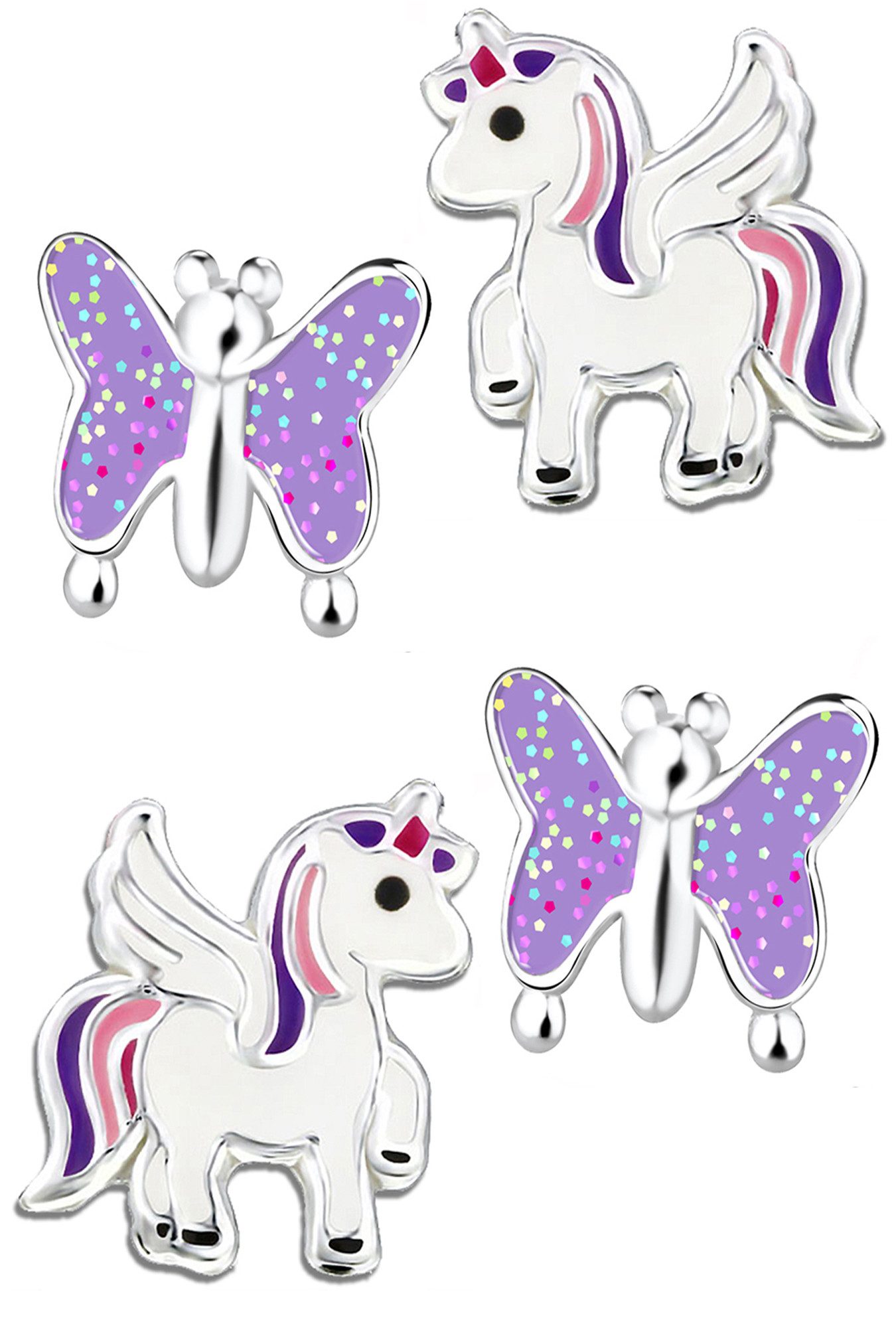 Limana Ohrstecker-Set 925 Silber Einhorn Pferde Schmetterling Kinderohrringe Kinderschmuck, Glitzer