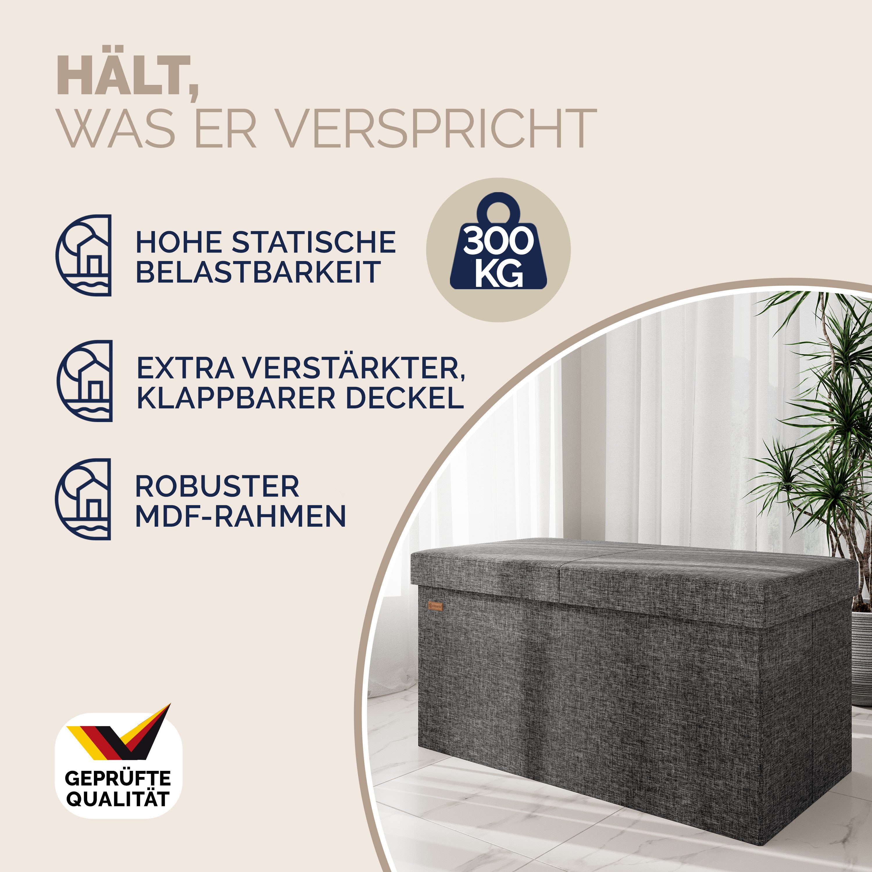 Casaria Sitzbank (1-St), Deckel Klappbar Gepolstert Faltbar Stabil Stoff 100L Flur Schlafzimmer