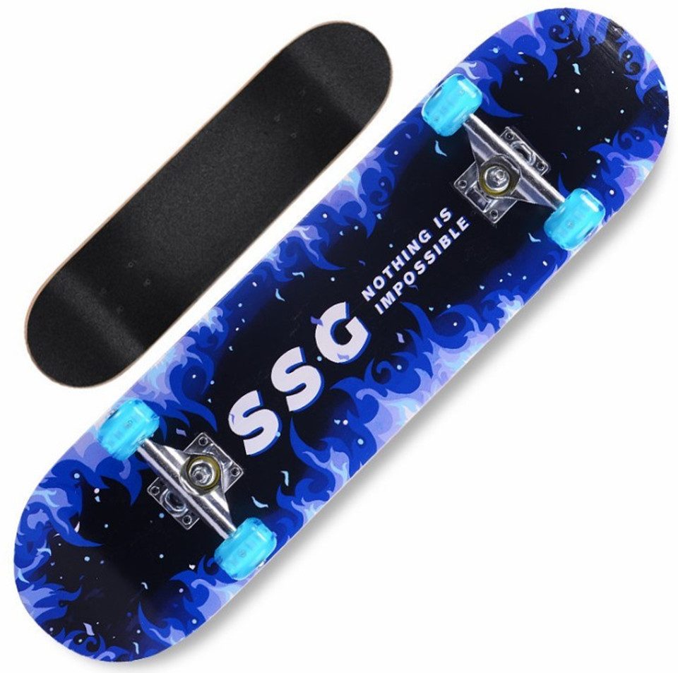 JEOBEST Skateboard Komplette Skateboard 80x20cm Skateboard für Anfänger, (Blue Flamme) PU Räder, Ahorn-Deck, Konkaves Skateboard