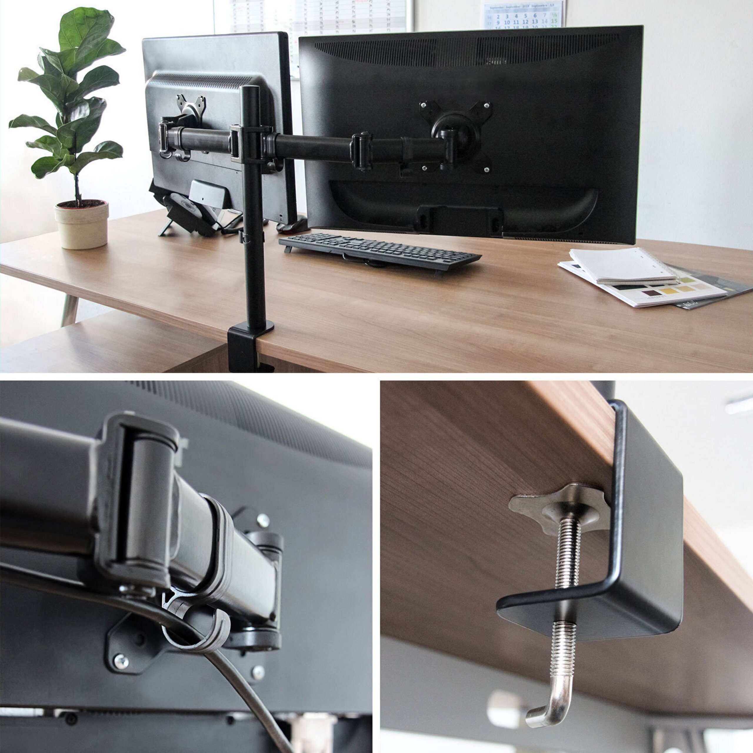 hjh OFFICE Monitor-Halterung Monitorhalterung Vm-Mf2 Stahl, (bis 27 Zoll, Monitorarm mit Kabelmanager, drehbar, schwenkbar, höhenverstellbar)