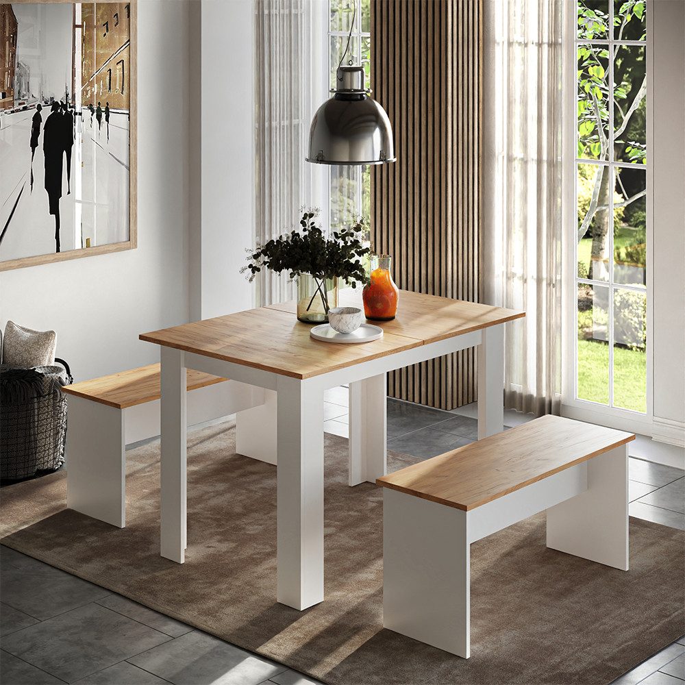 Vicco Essgruppe Sentio, Weiß/Goldkraft Eiche, 112 x 73.6 cm mit 2 Bänken günstig online kaufen