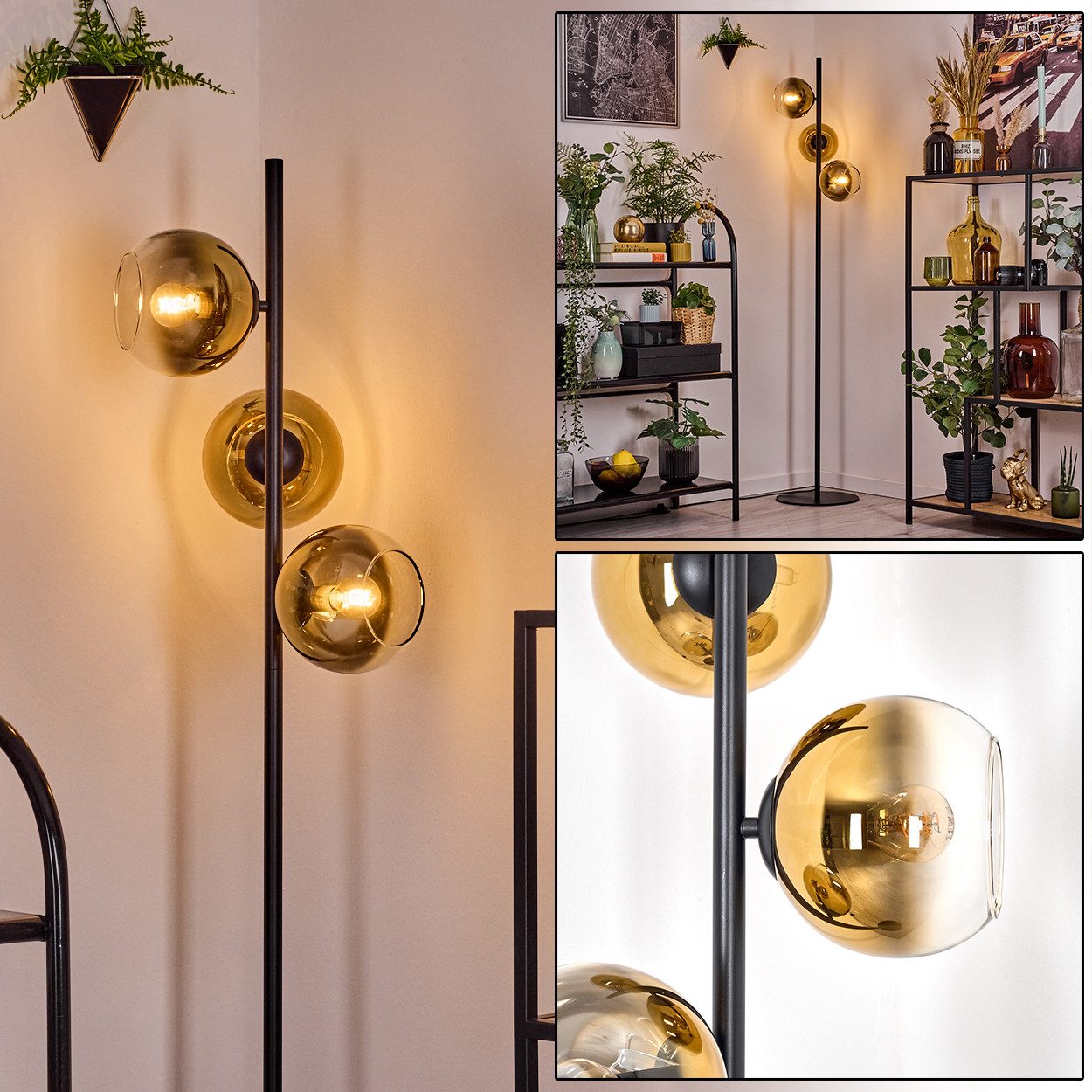 hofstein Stehlampe Stehlampe aus Metall/Glas in Schwarz/Goldfarben/Klar, ohne Leuchtmittel, Stehleuchte Retro/Vintage, Ø Schirme 15 cm, Fußschalter, 160 cm, E14