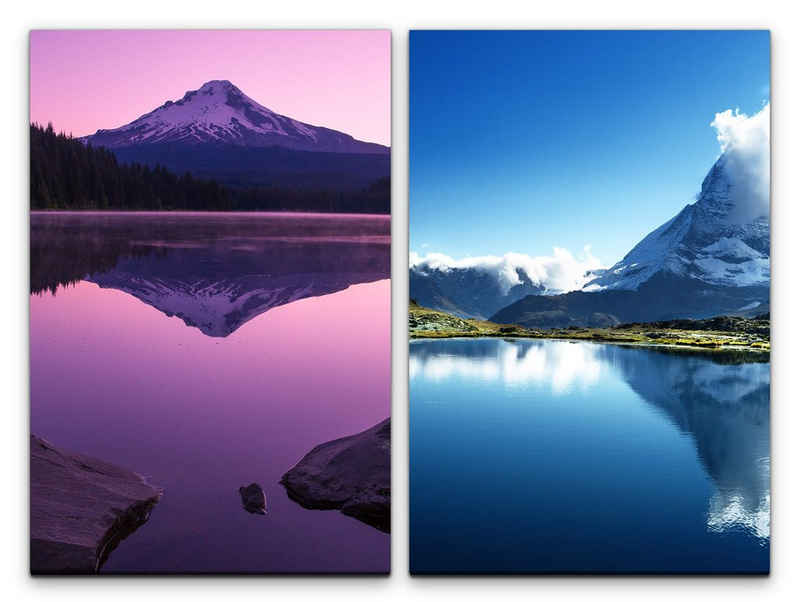 Sinus Art Leinwandbild 2 Bilder je 60x90cm Fuji Vulkan Berge See Reflexion Meditation Beruhigend