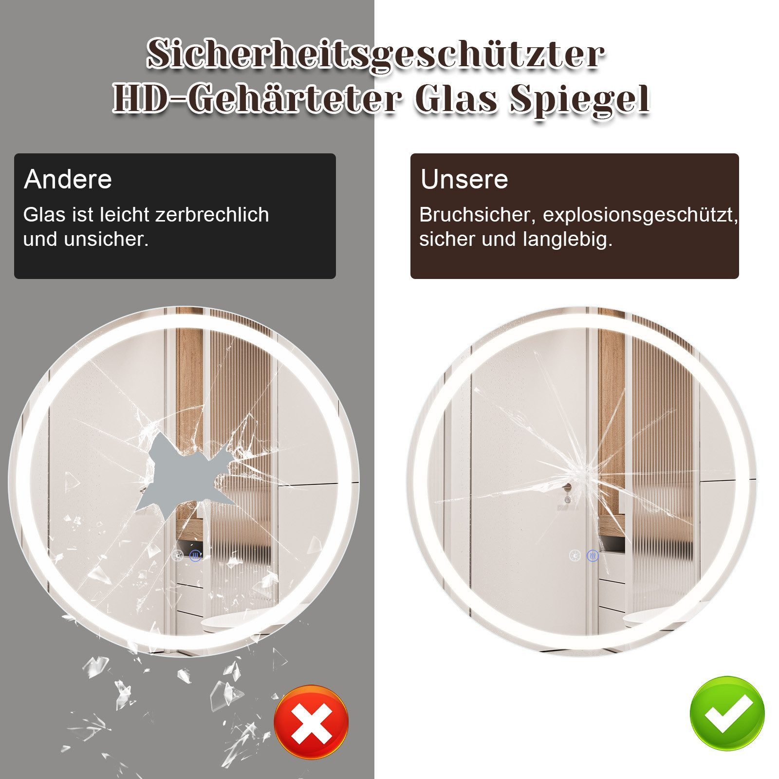 Nettlife Badspiegel Rund Touch Schalter und Entfogger Wandspiegel Beleuchtet 50/60/70/80cm, Entfogger Funktion Dimmbar Memories Funktion Ideal für Badezimmer – Bild 4 von 5