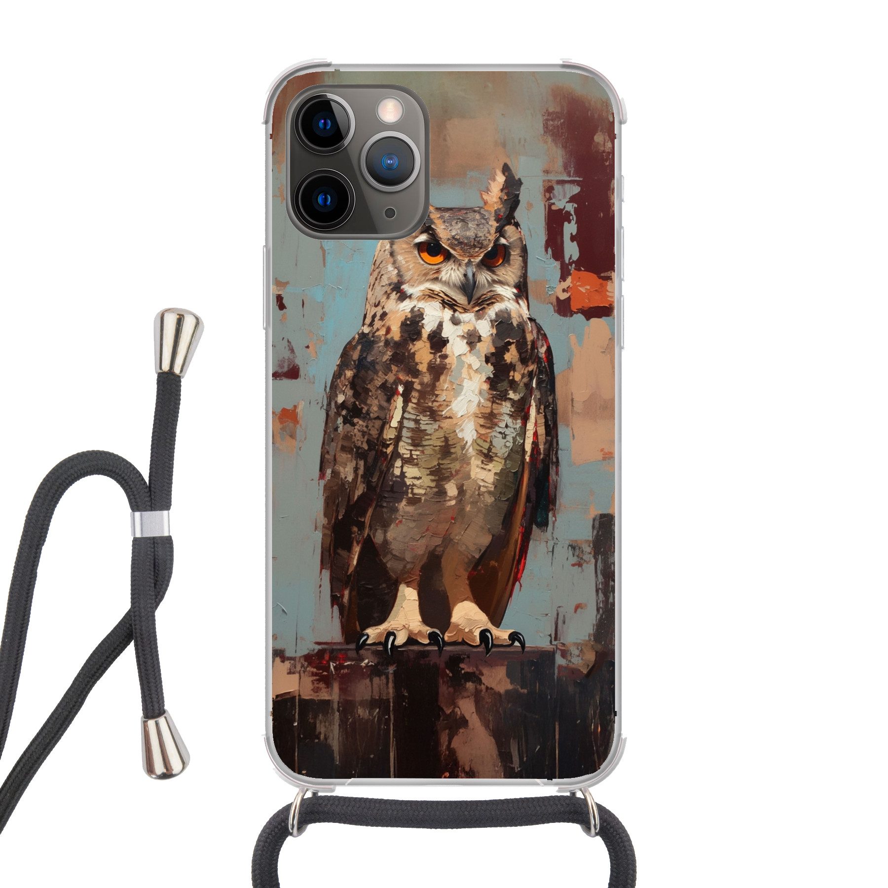 MuchoWow Handyhülle für Apple iPhone 13 Pro Max Gemalt - Abstrakt - Eule - Braun, Tragbare Handyhüllen mit Kette zum umhängen, Handykette Handyband