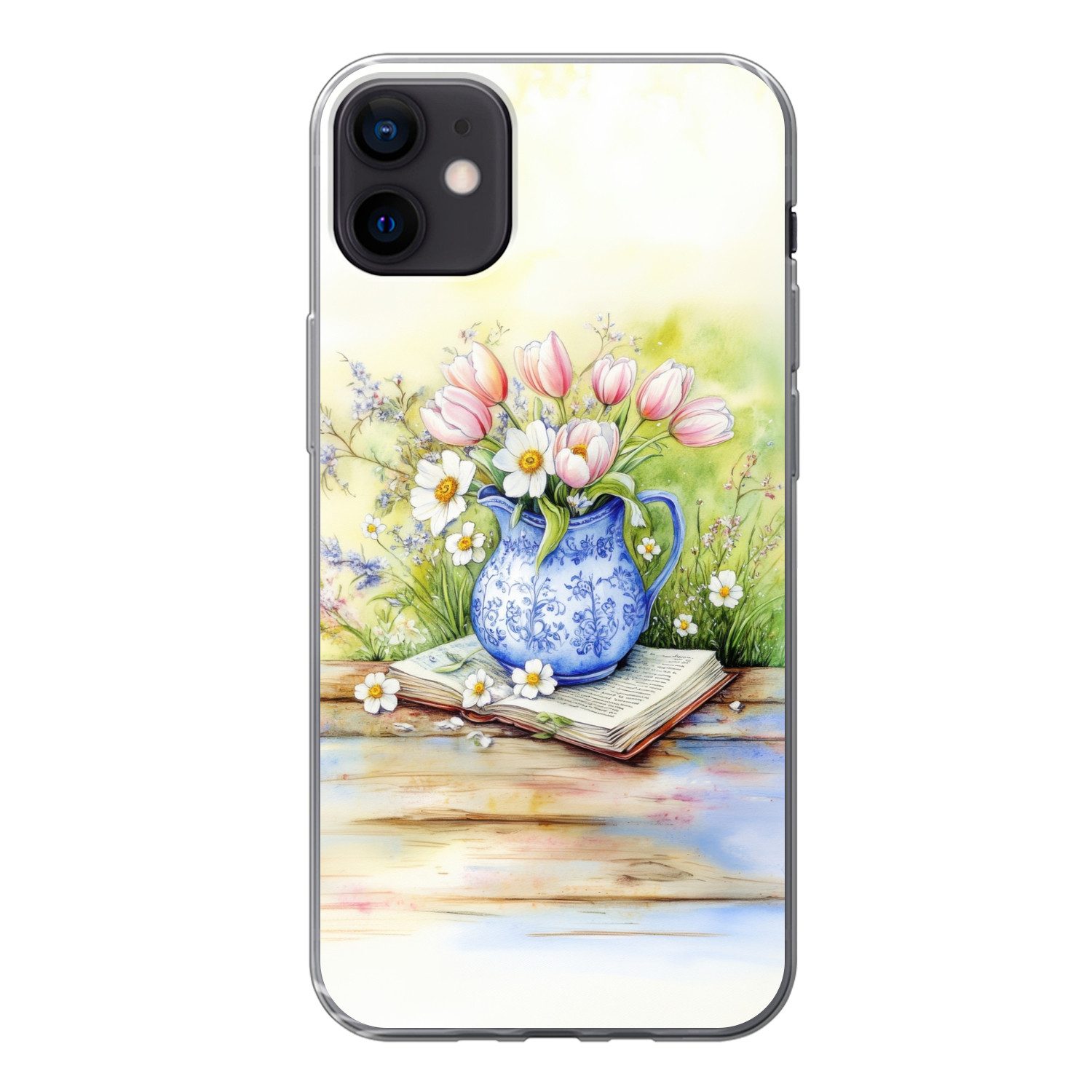 MuchoWow Handyhülle für Apple iPhone 12 Mini Vase - Delfter Blau - Gänseblümchen, Smartphone-Bumper, Print, Handy Schutzhülle Dünn