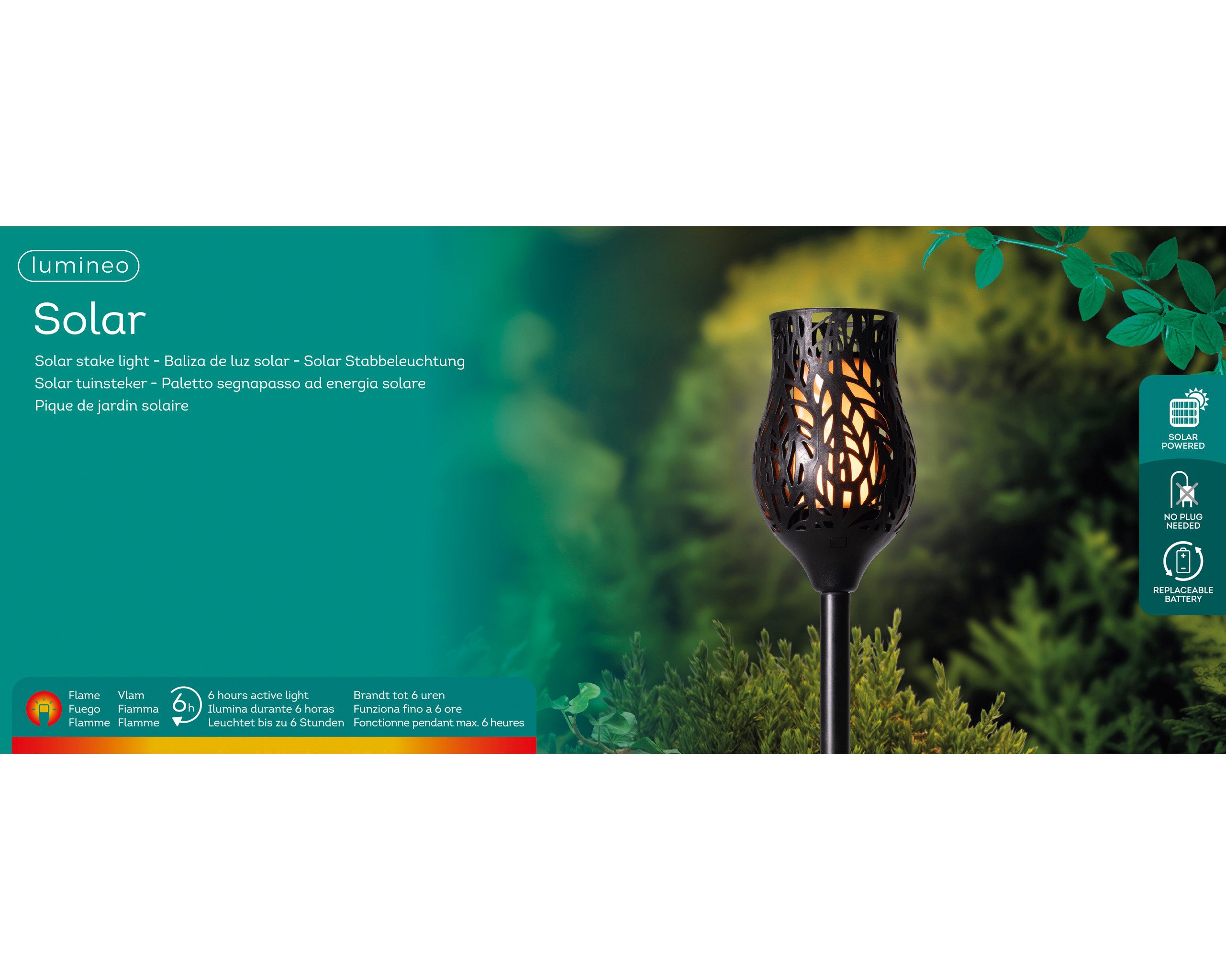 Lumineo LED Solarleuchte, Dauerlicht, klassisch warm, Solar LED Beleuchtung Fackel 42cm Kunststoff Flammenlicht