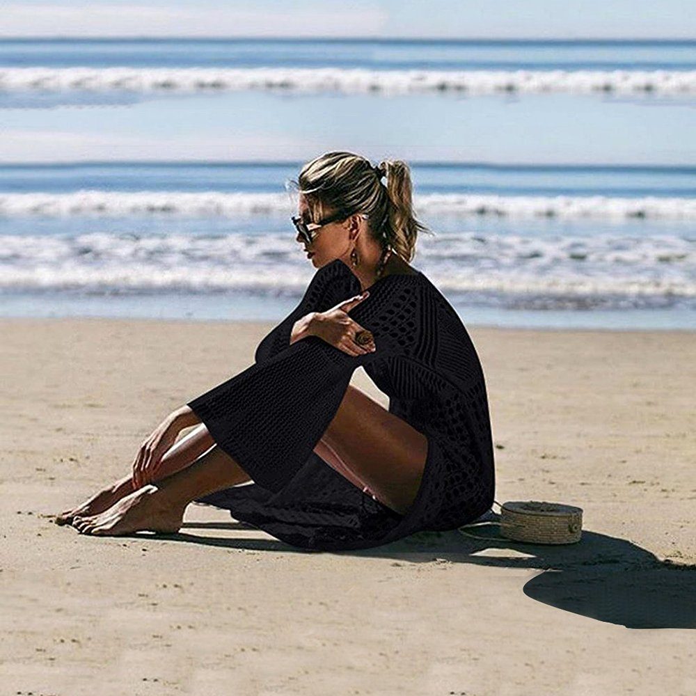 Strandkleid schwarz mit Strandkleid Schlitz Bikini-Überwurf Langärmeliges Orbeet gestricktem