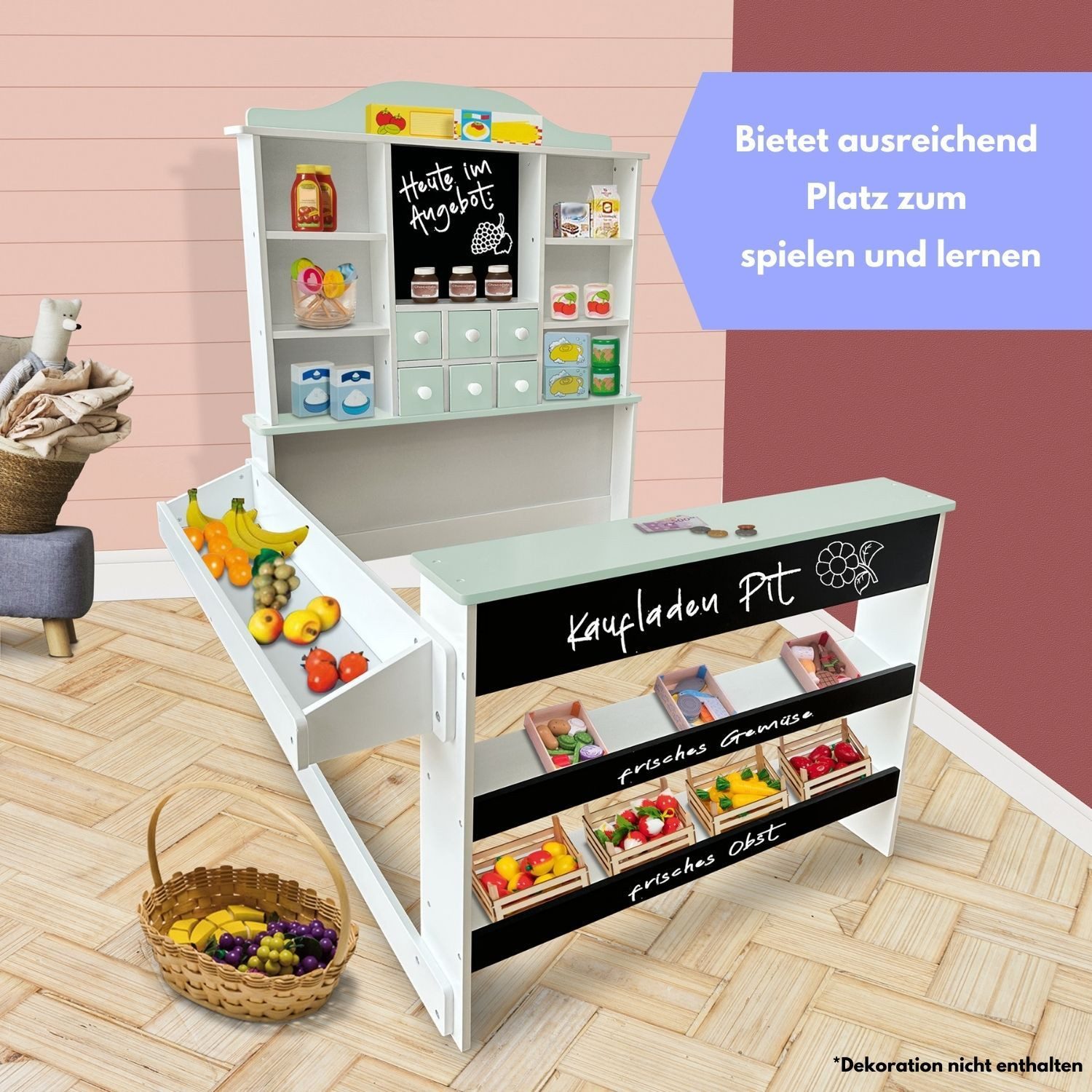 Coemo Kaufladen PIT, Grün Verkaufsstand Kaufmannsladen Holz + Kreidestift Tafel Schubladen
