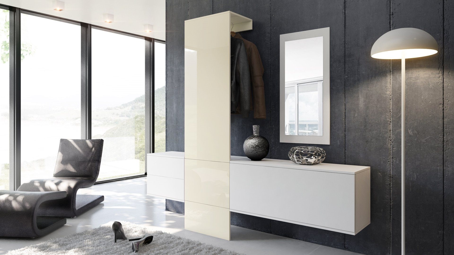 Vladon Garderoben-Set Carlton Set 1, (Wandgarderobe bestehend aus, 4-St., 1 Paneel, 1 Schubkastenschrank, 1 Schrankmodul und 1 Spiegel), Weiß matt/Creme Hochglanz (208 x 193 x 35 cm)